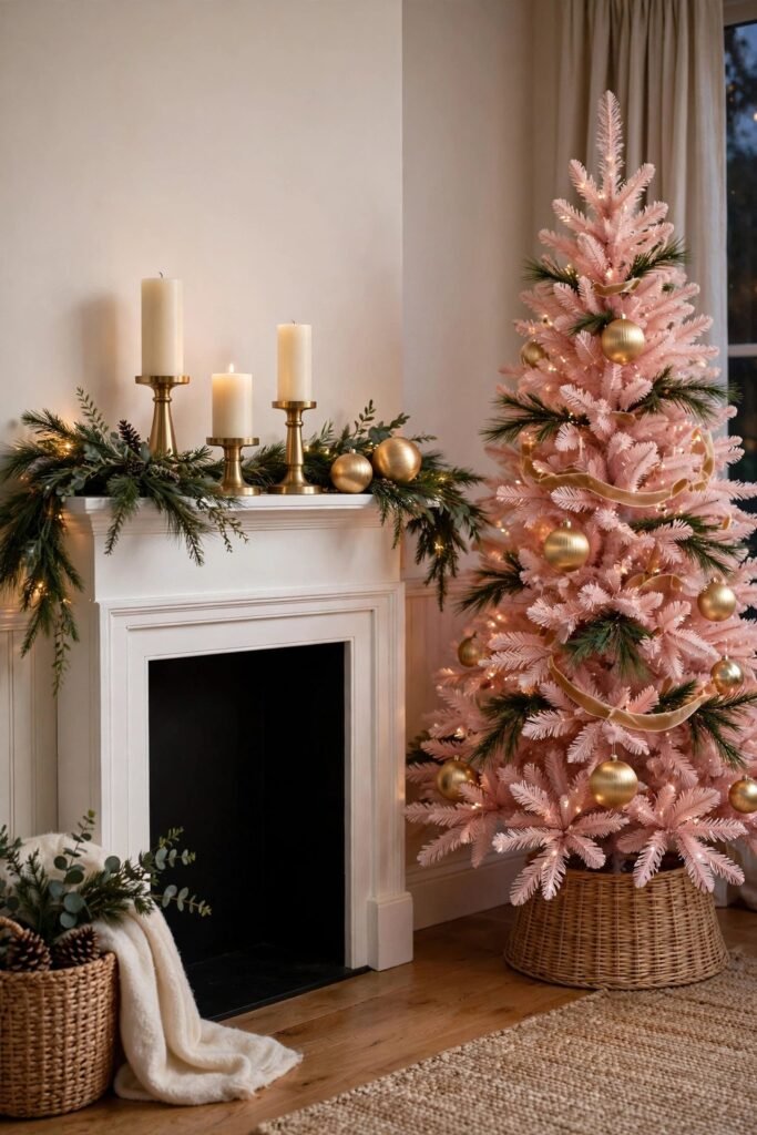 Mantel styled with garland and candles beside a pink Christmas tree
