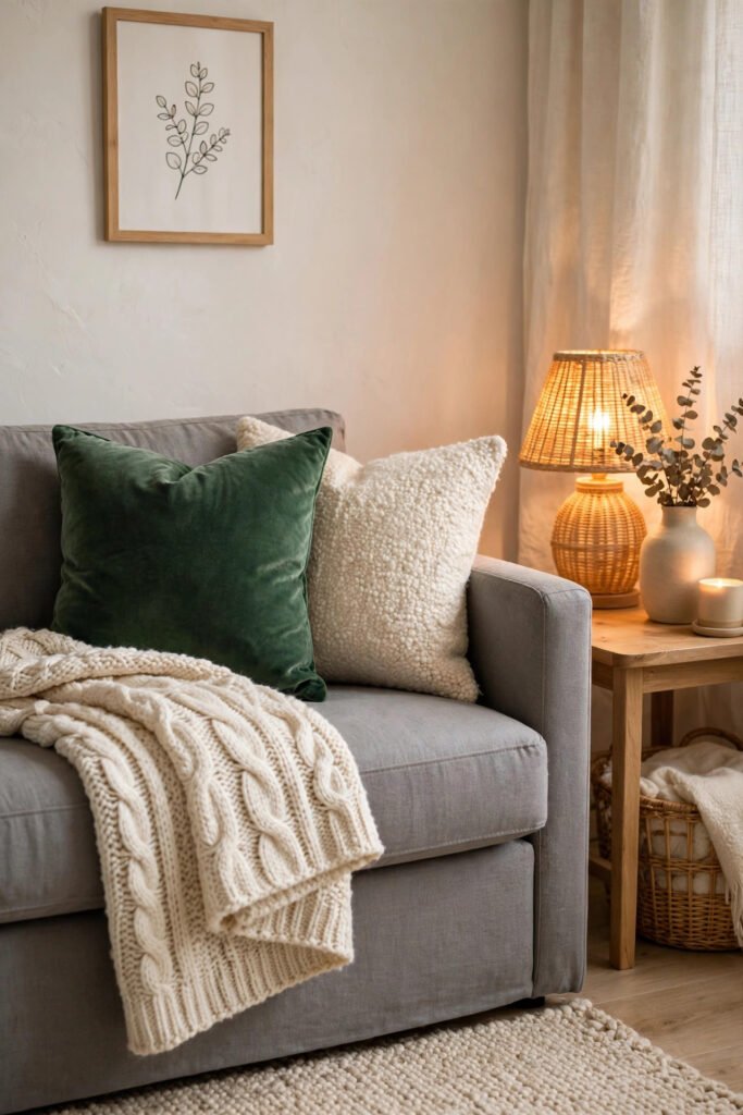 Sofa with textured throw and pillows for Christmas