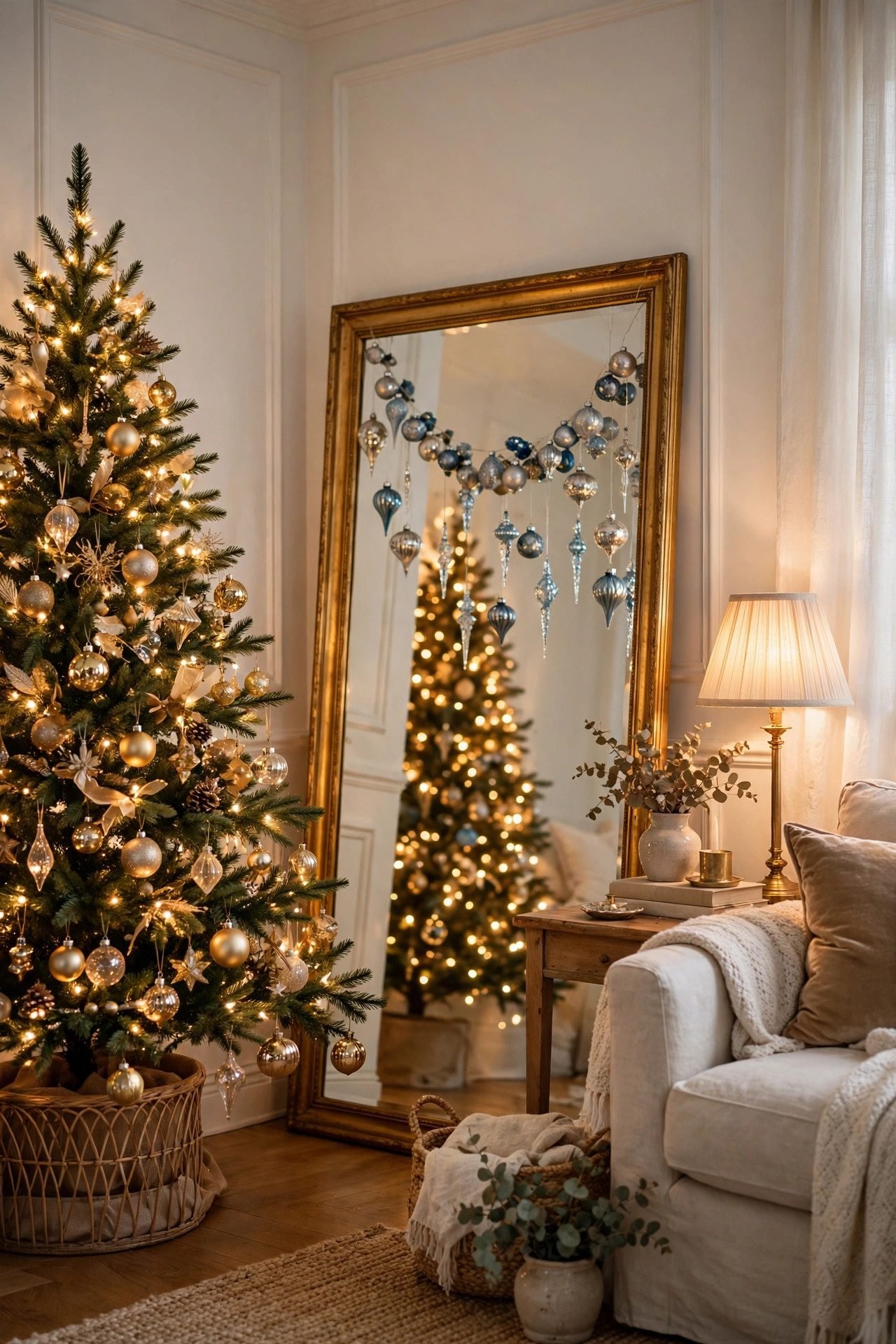 Gold-framed mirror reflecting a lit Christmas tree in a corner