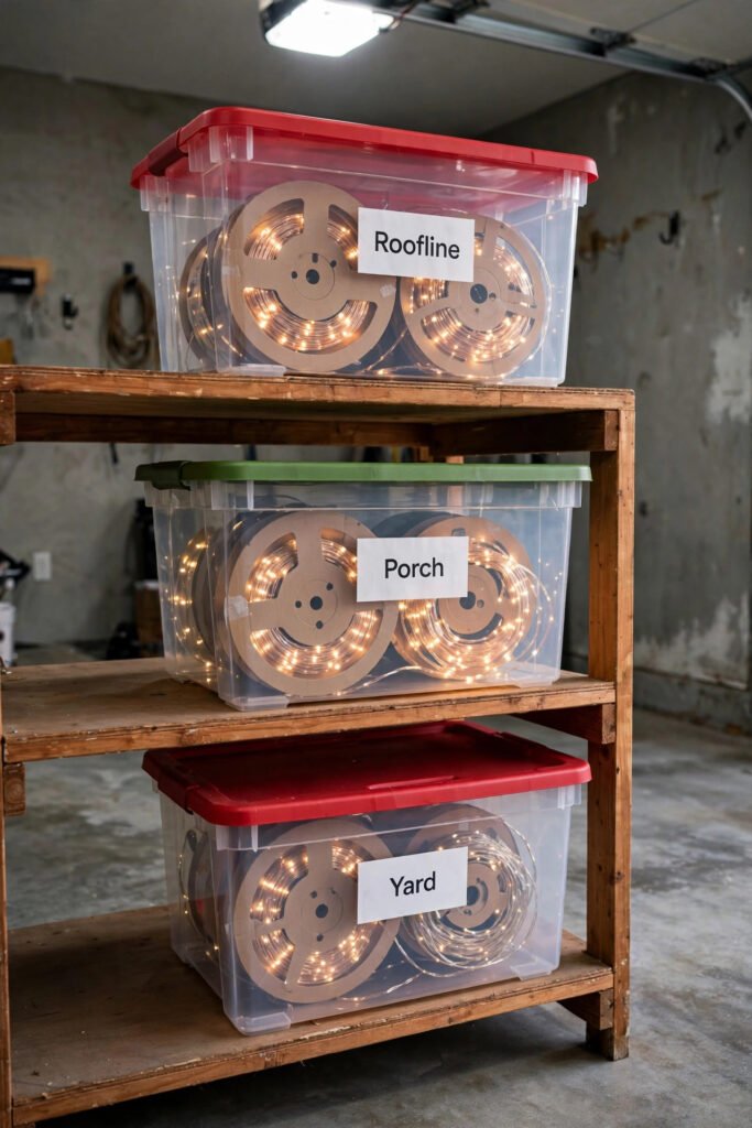 Labeled storage bins with coiled light strands on garage shelving