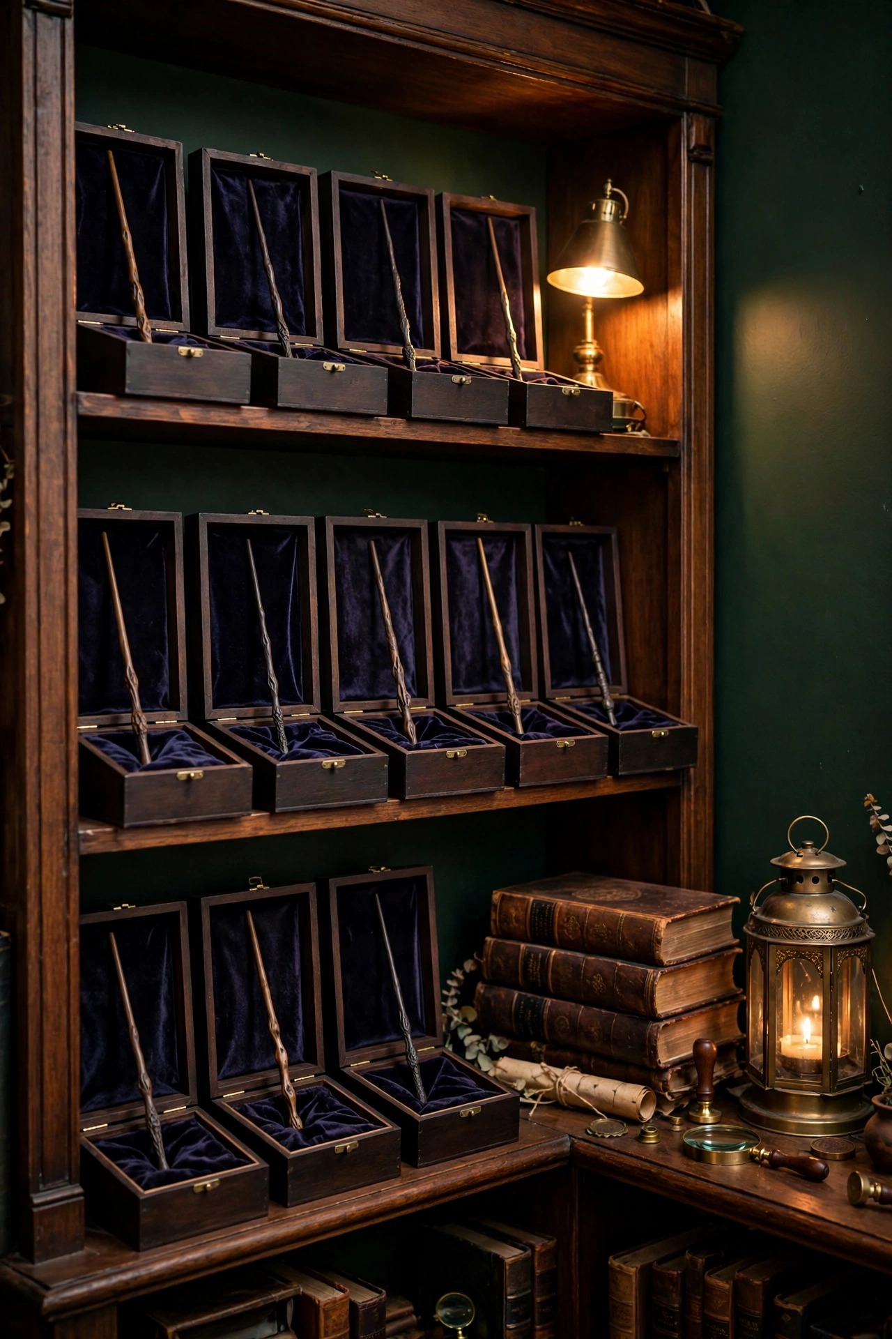 Stack of three leather-bound books topped with a brass candlestick