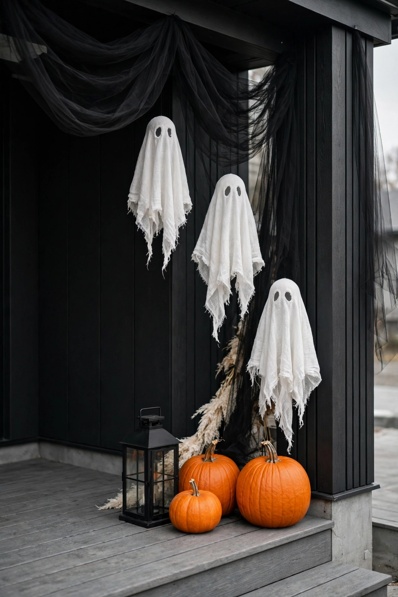 Porch corner styled in black, orange, and bone white only