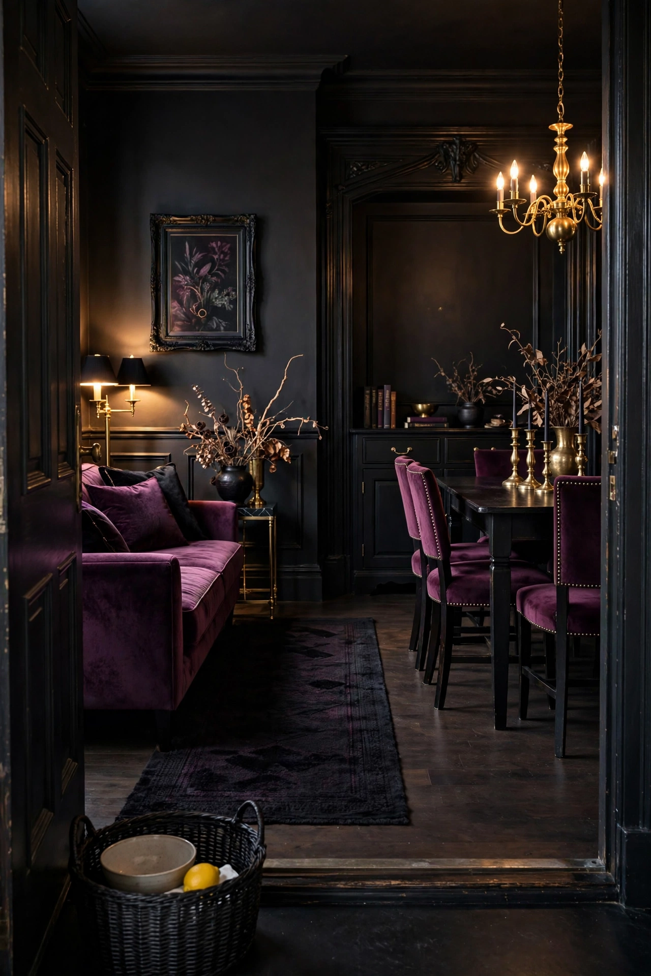 cohesive plum and black witch party room after removing off-palette items