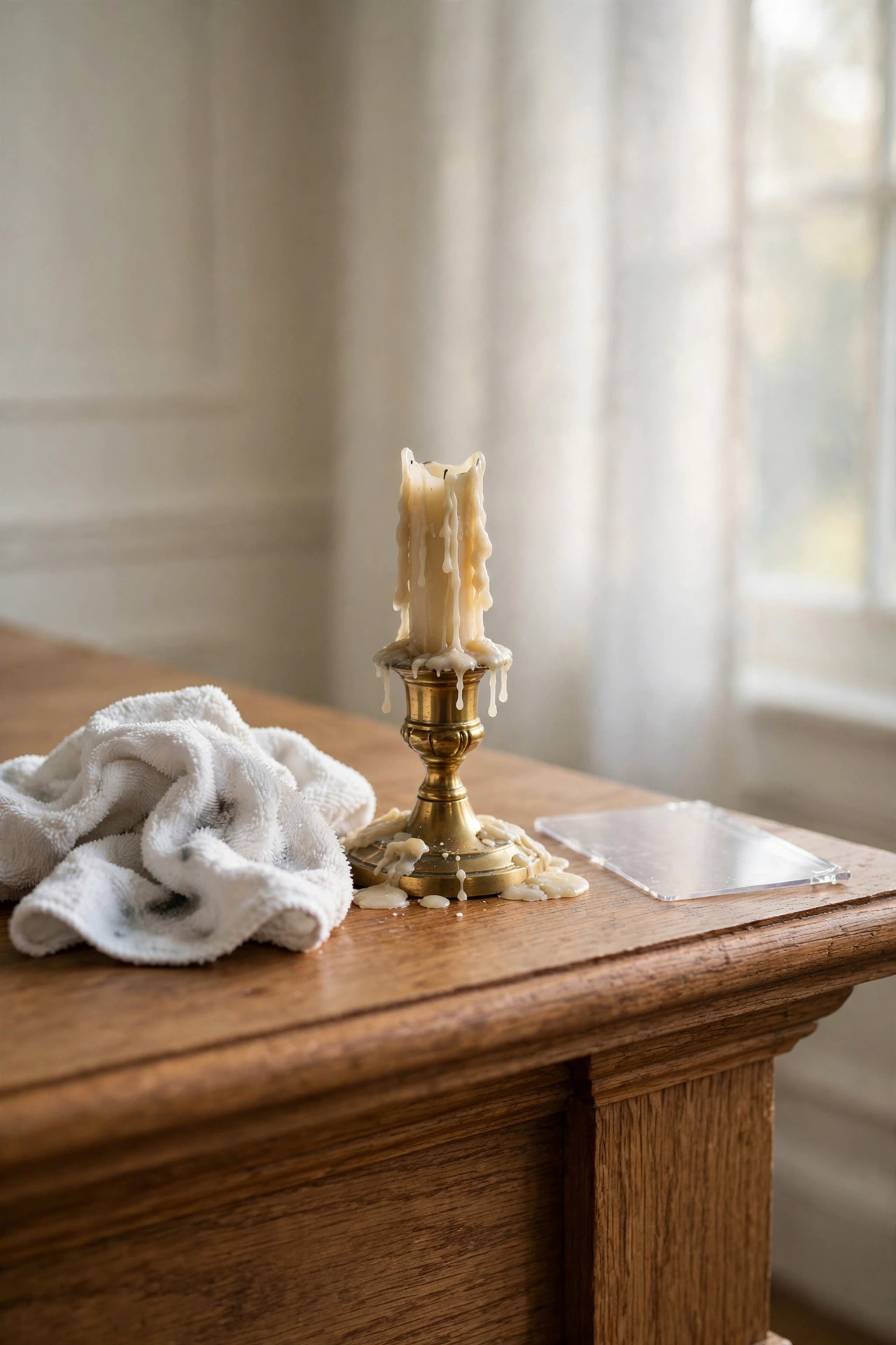 Microfiber cloth and plastic card cleaning wax drips from a brass candle holder