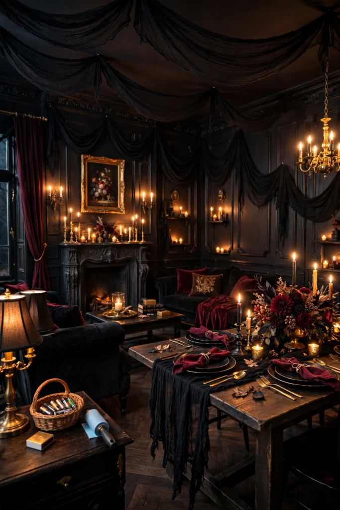 Finished Halloween party room with lit candles and styled table one hour before guests