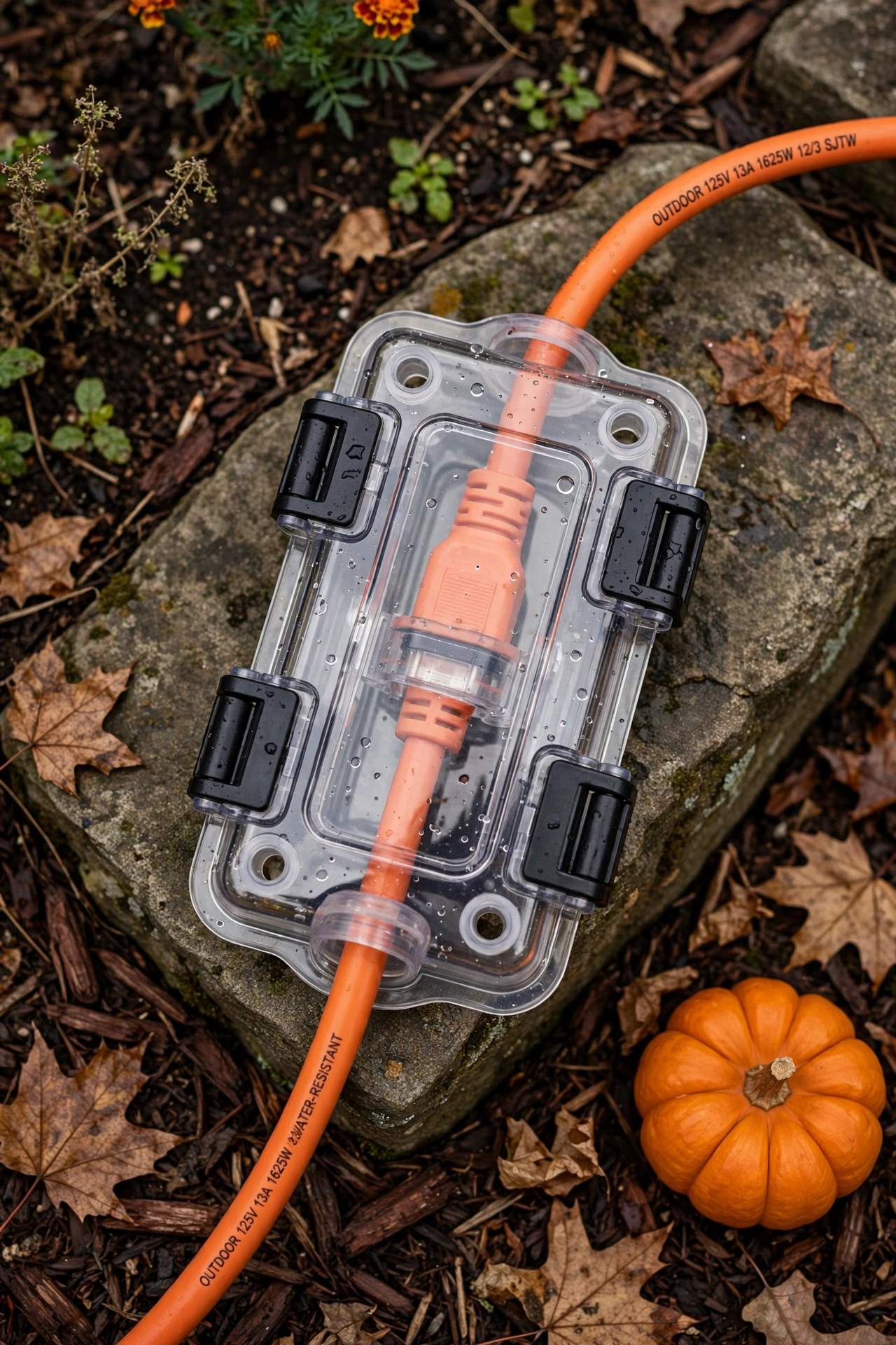 Waterproof cover protecting an outdoor extension cord connection