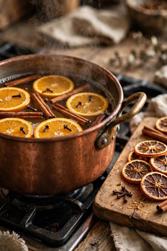 Simmer pot with orange, cinnamon, and cloves for Christmas scent