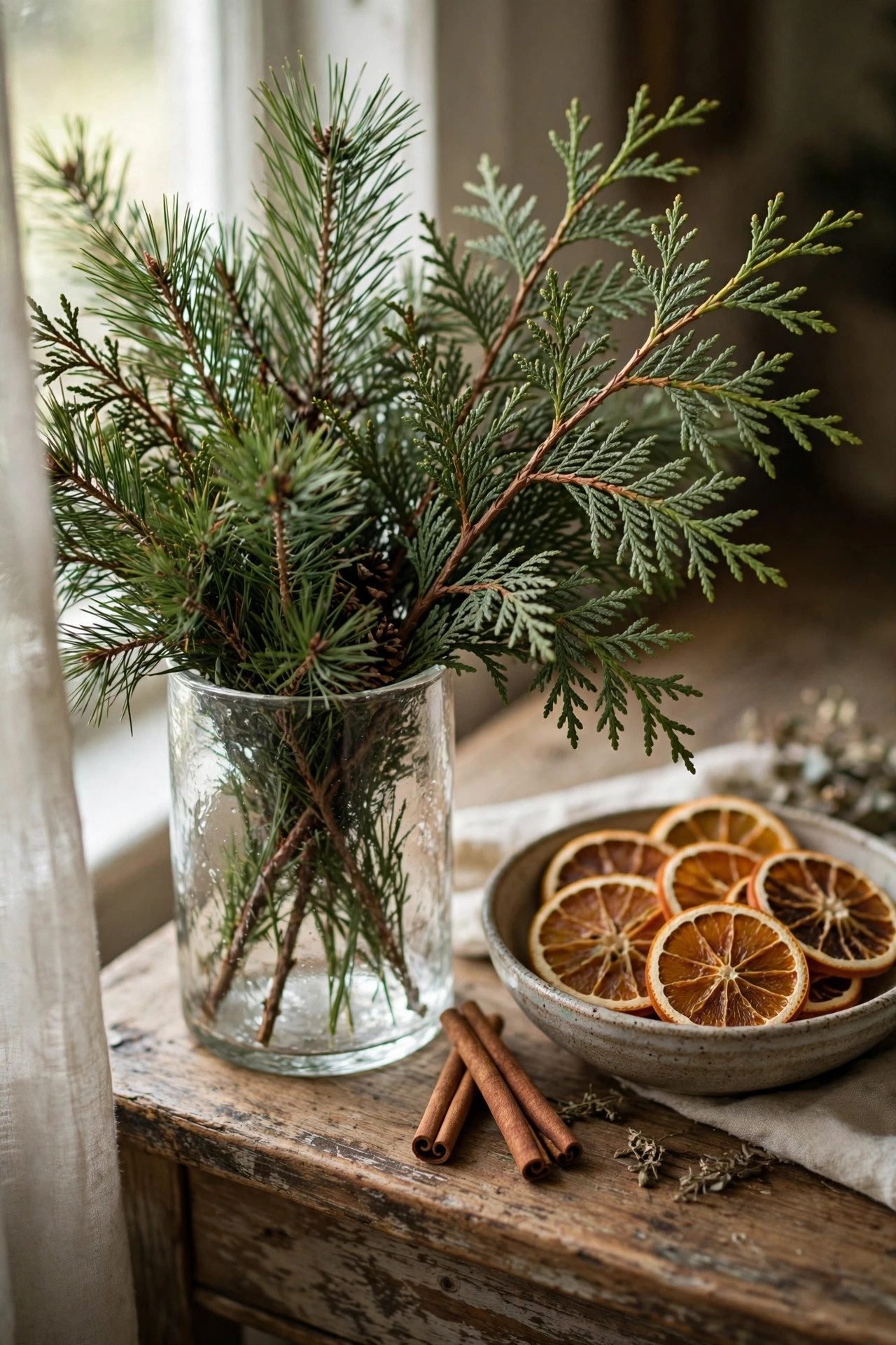 Fresh pine, cedar, and dried orange slices in a vase and bowl