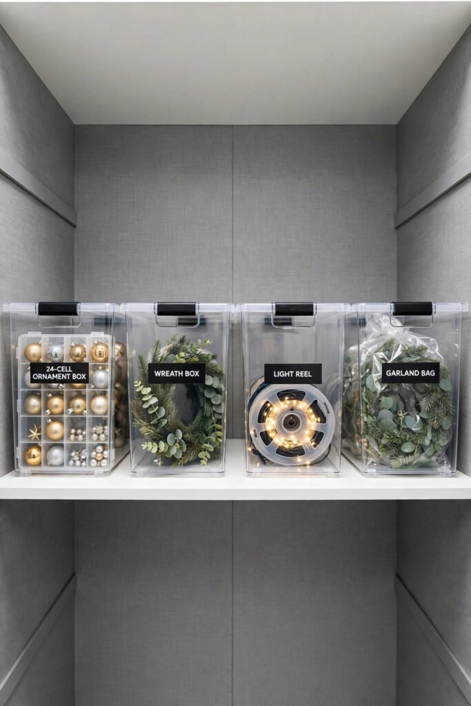 Labeled clear bins storing Christmas ornaments, lights, and wreaths on a closet shelf