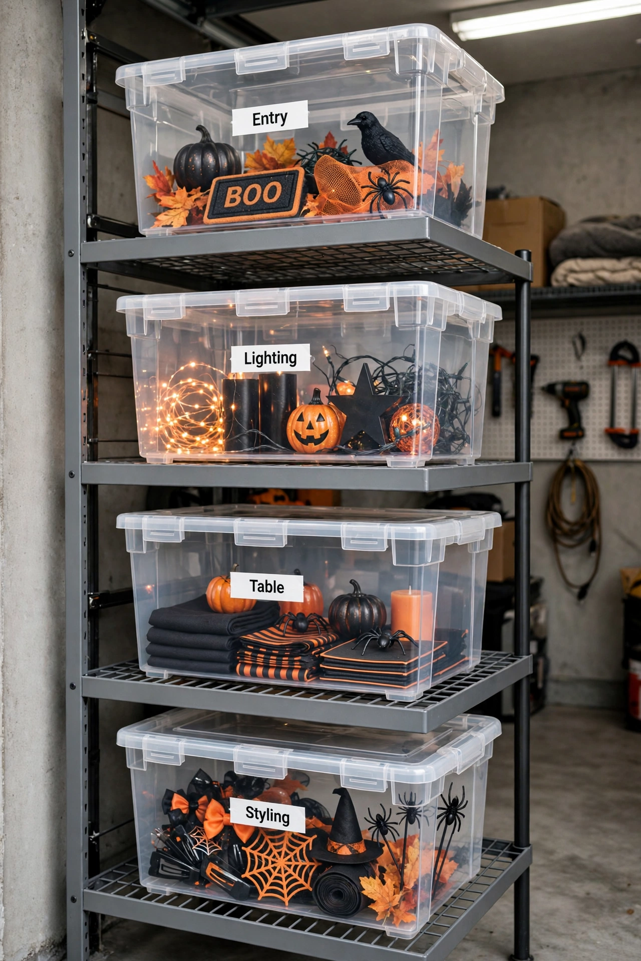 Four clear labeled storage bins for Halloween decor organized by zone