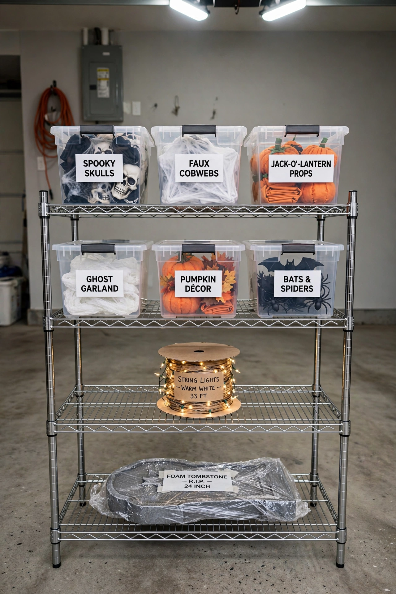 Labeled storage bins holding Halloween decorations in a garage