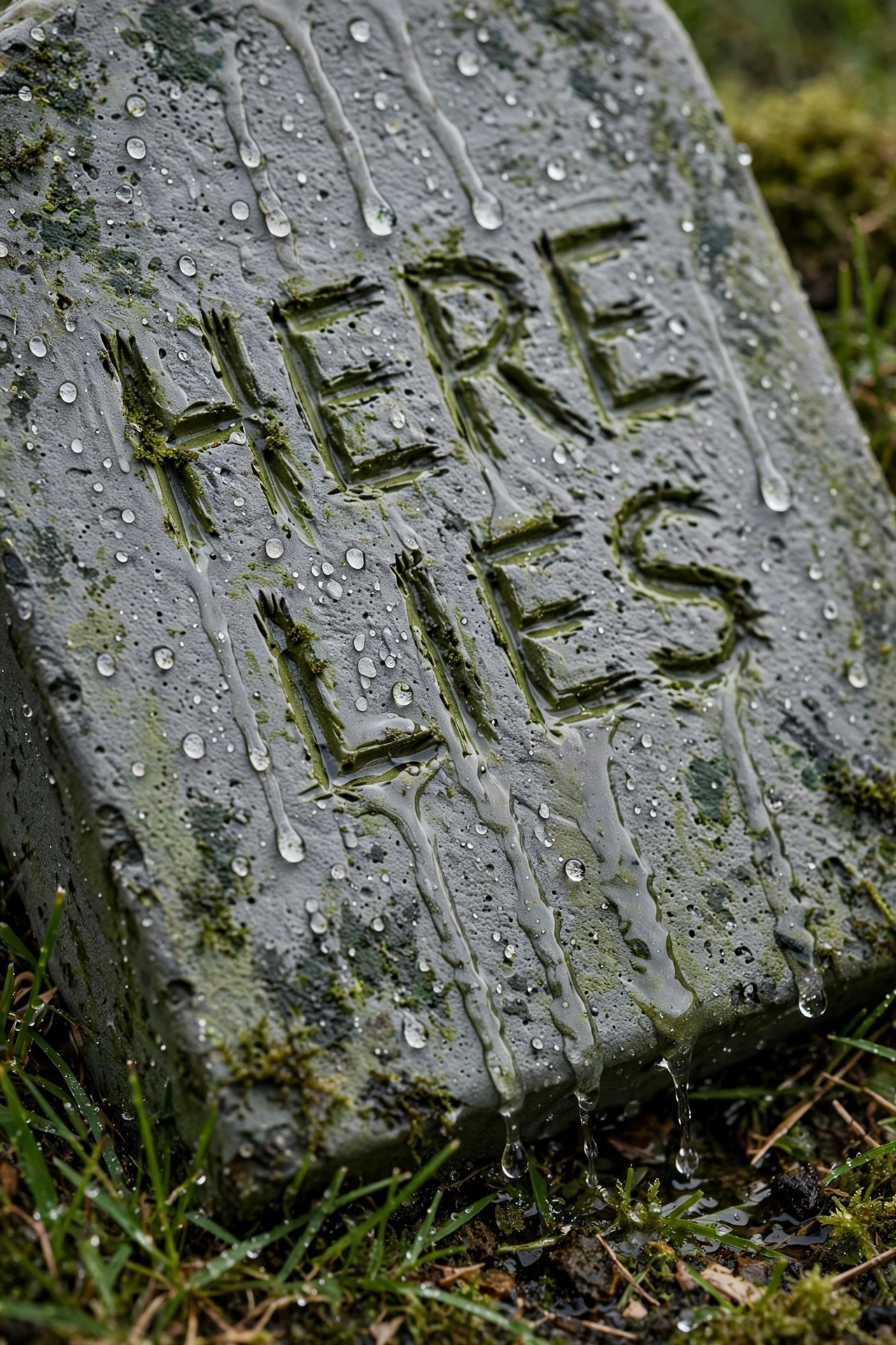 Water beading on a sealed, painted gray foam tombstone