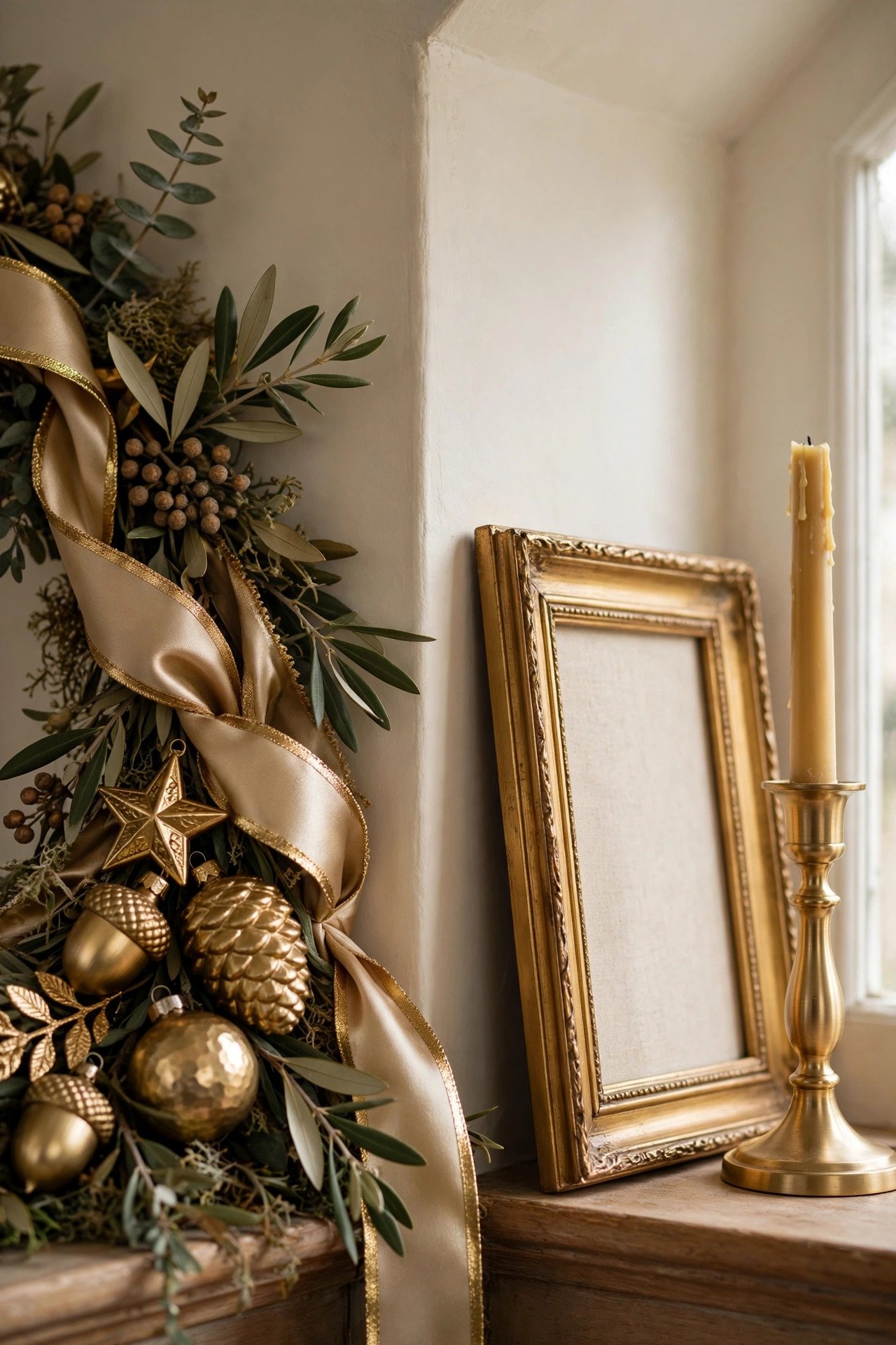 Gold ornaments, frame, and candlestick in one metallic finish