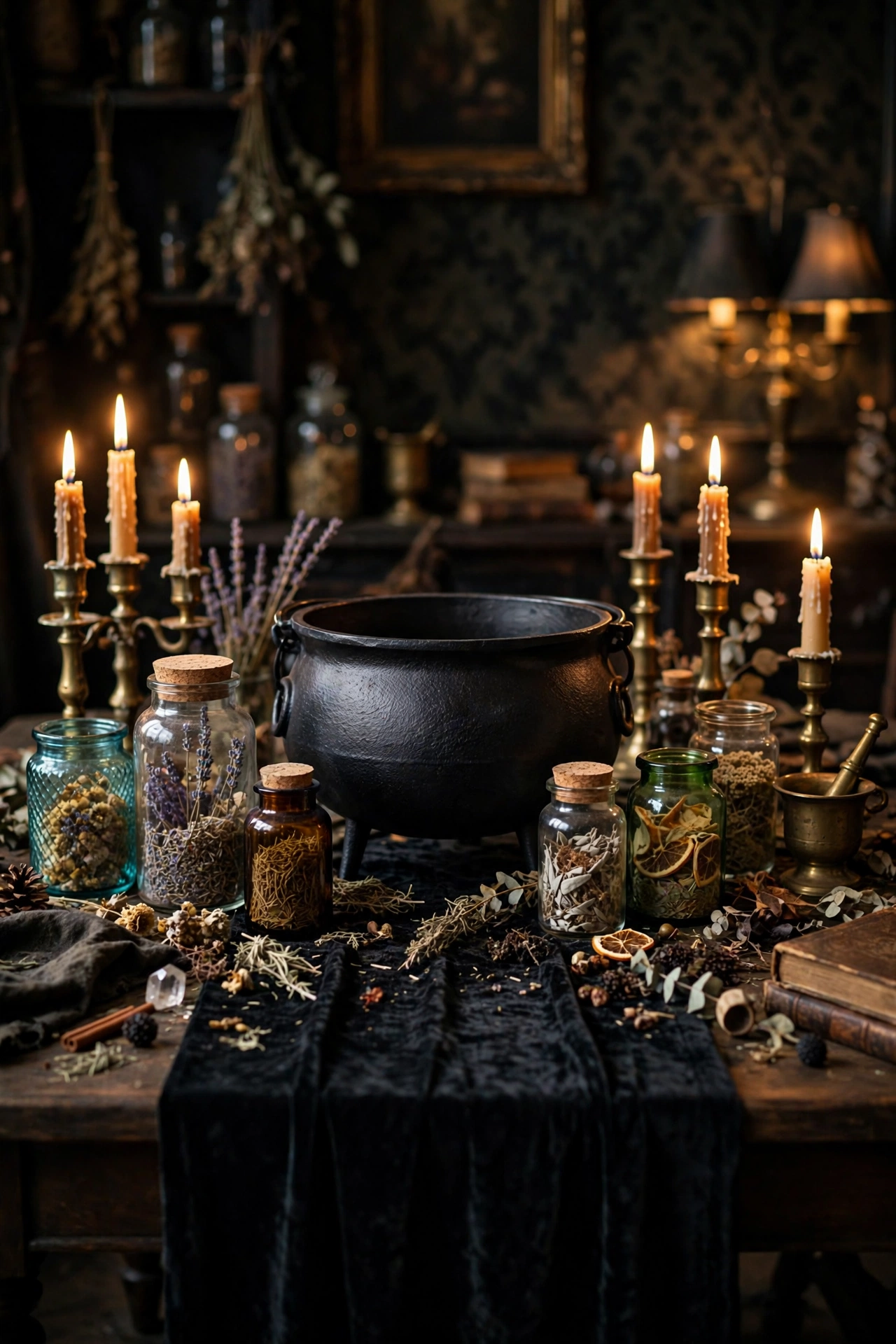 witch party table with upgraded cauldron and velvet runner alongside older thrifted pieces