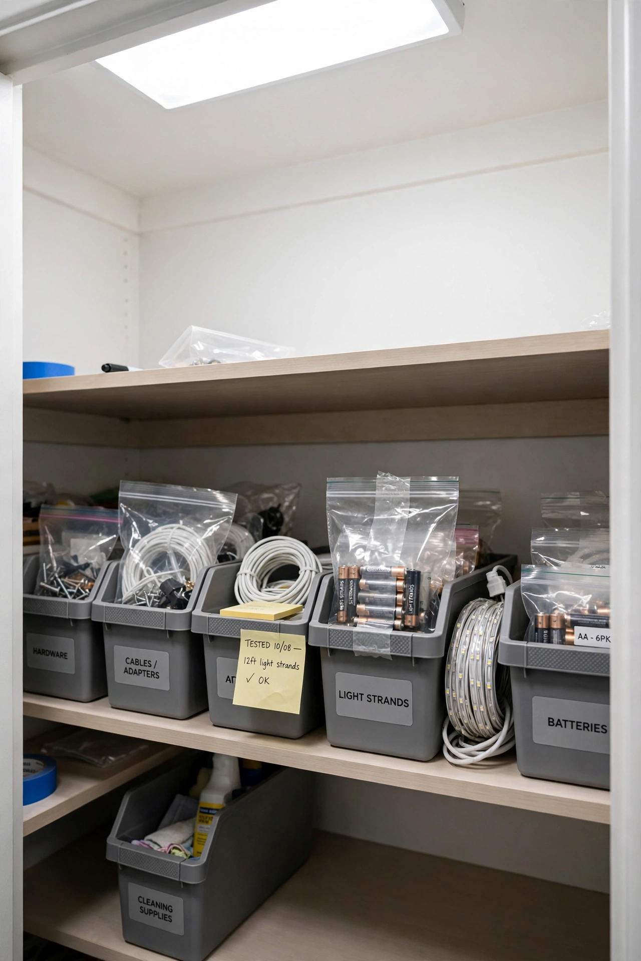 Closet shelf with labeled bins, coiled lights, and a bag of removed batteries
