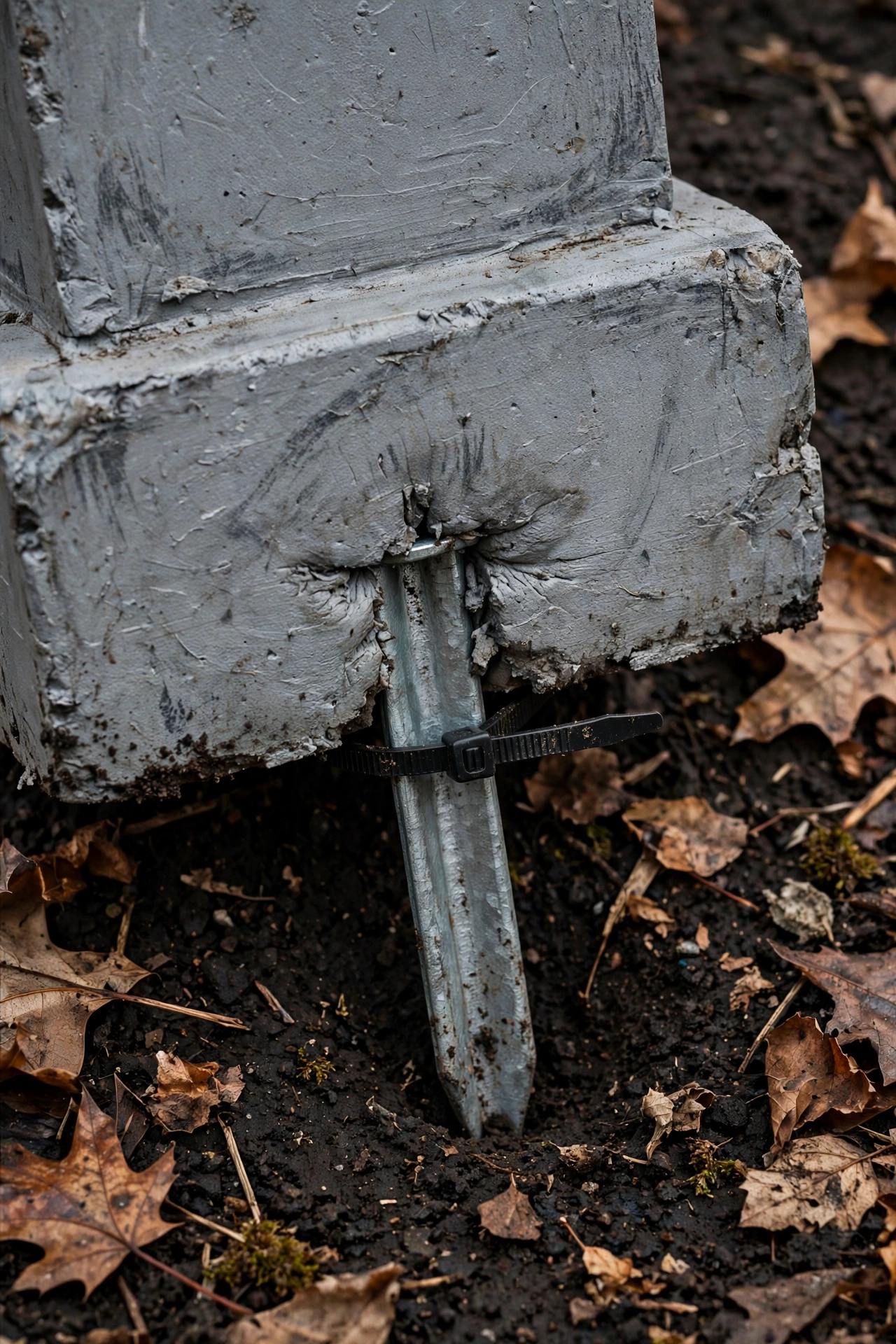 Metal ground stake driven through the base of a foam tombstone into dark soil