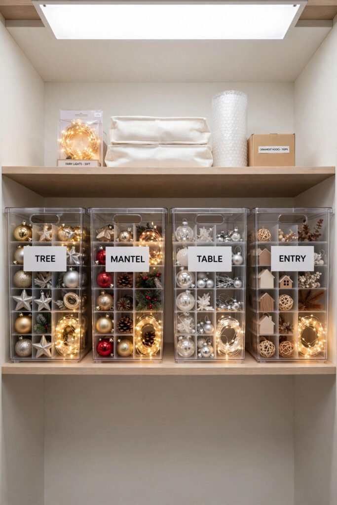 Labeled storage bins for Christmas decorations