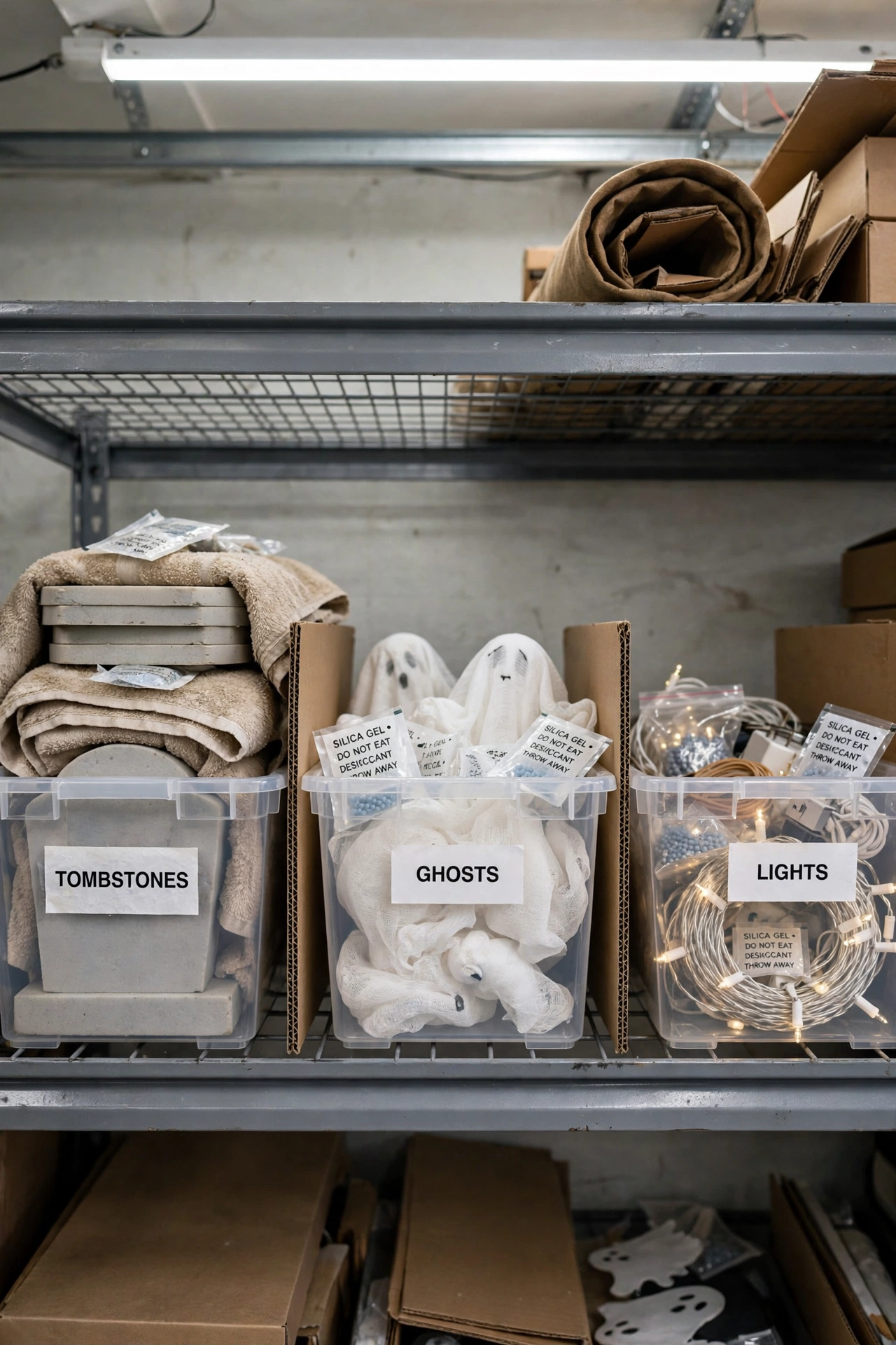 Labeled clear storage bins of Halloween props on a garage shelf with silica gel packets
