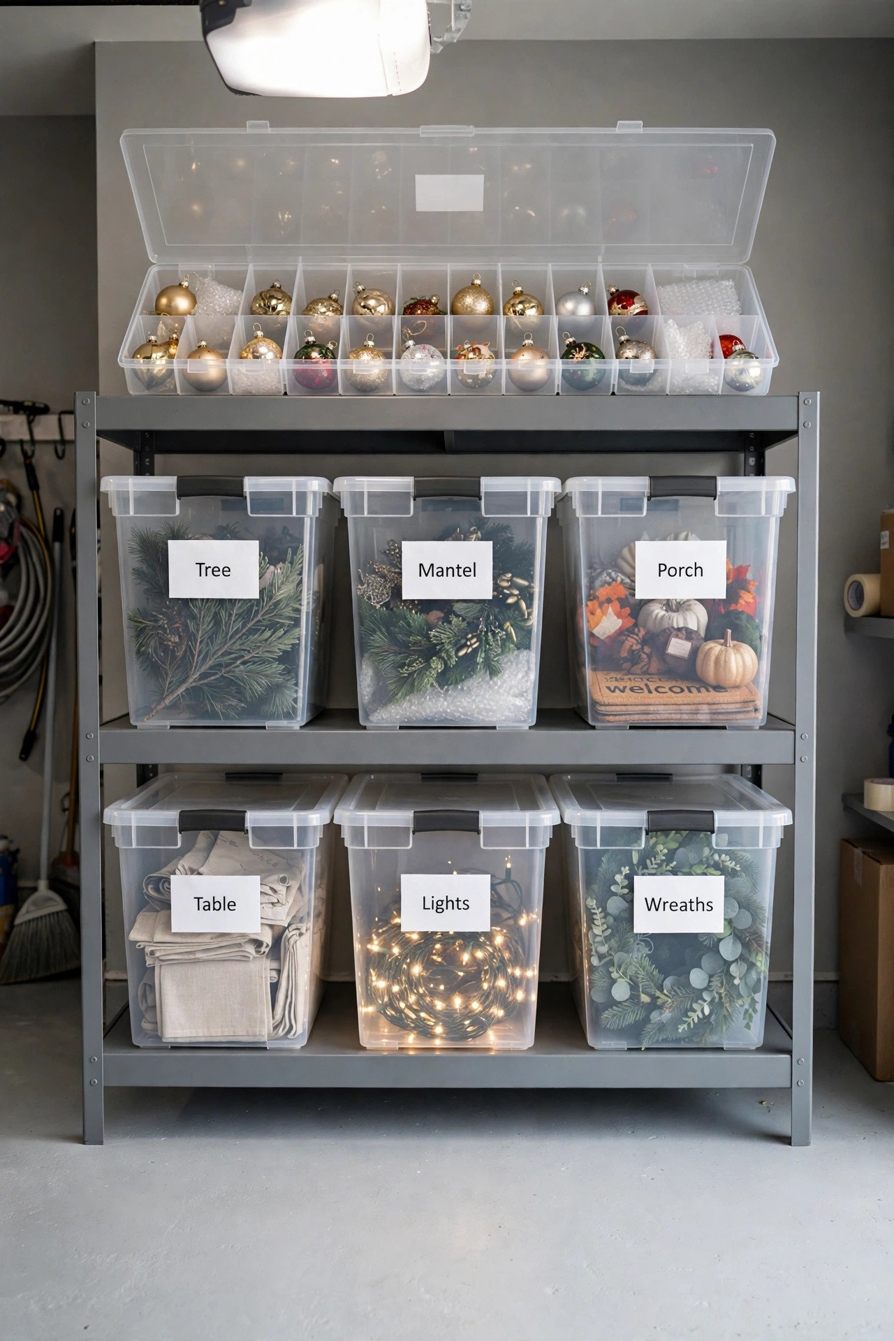 Clear labeled storage bins on garage shelving for Christmas decor