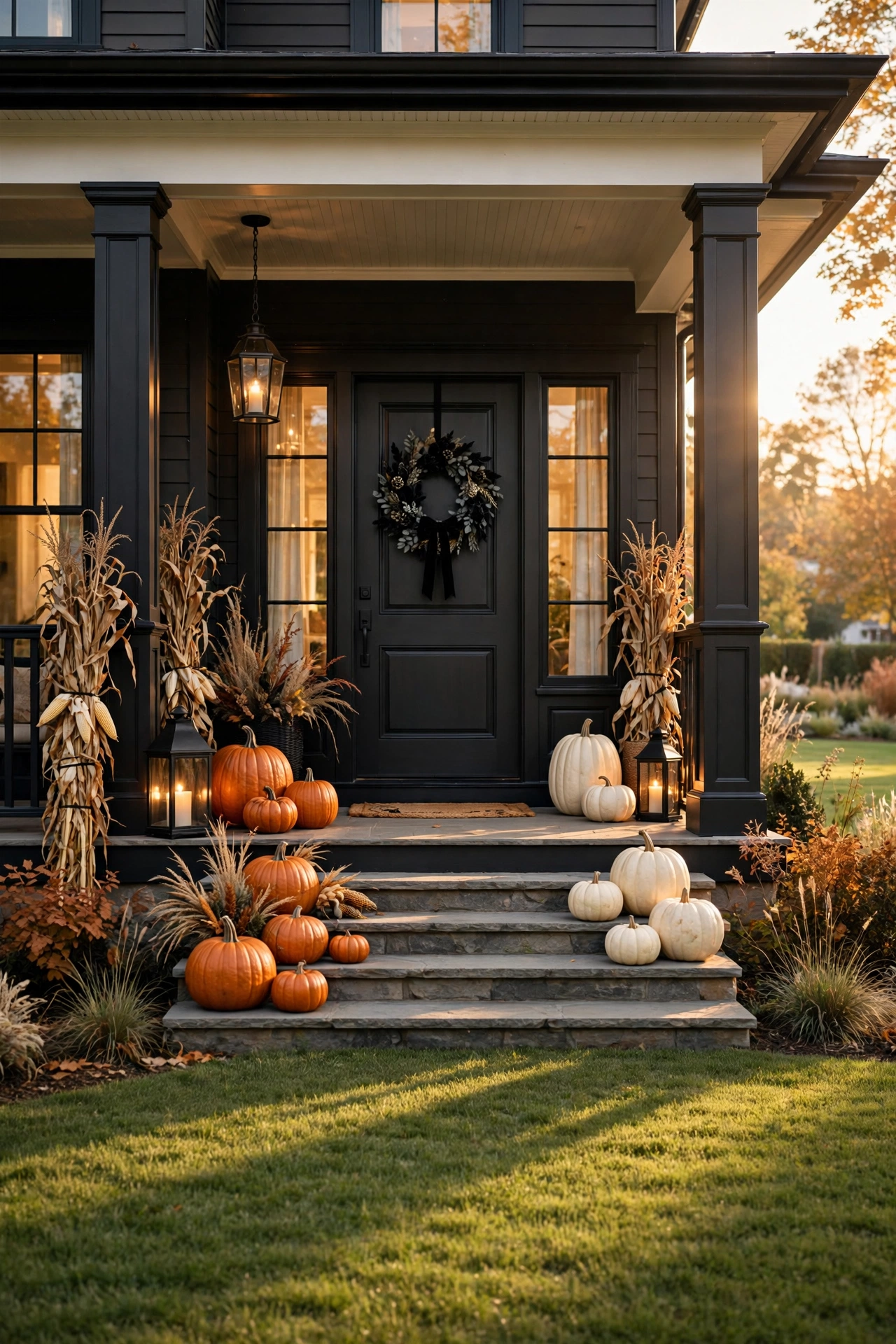 Porch decorated in a black, orange, and cream Halloween palette