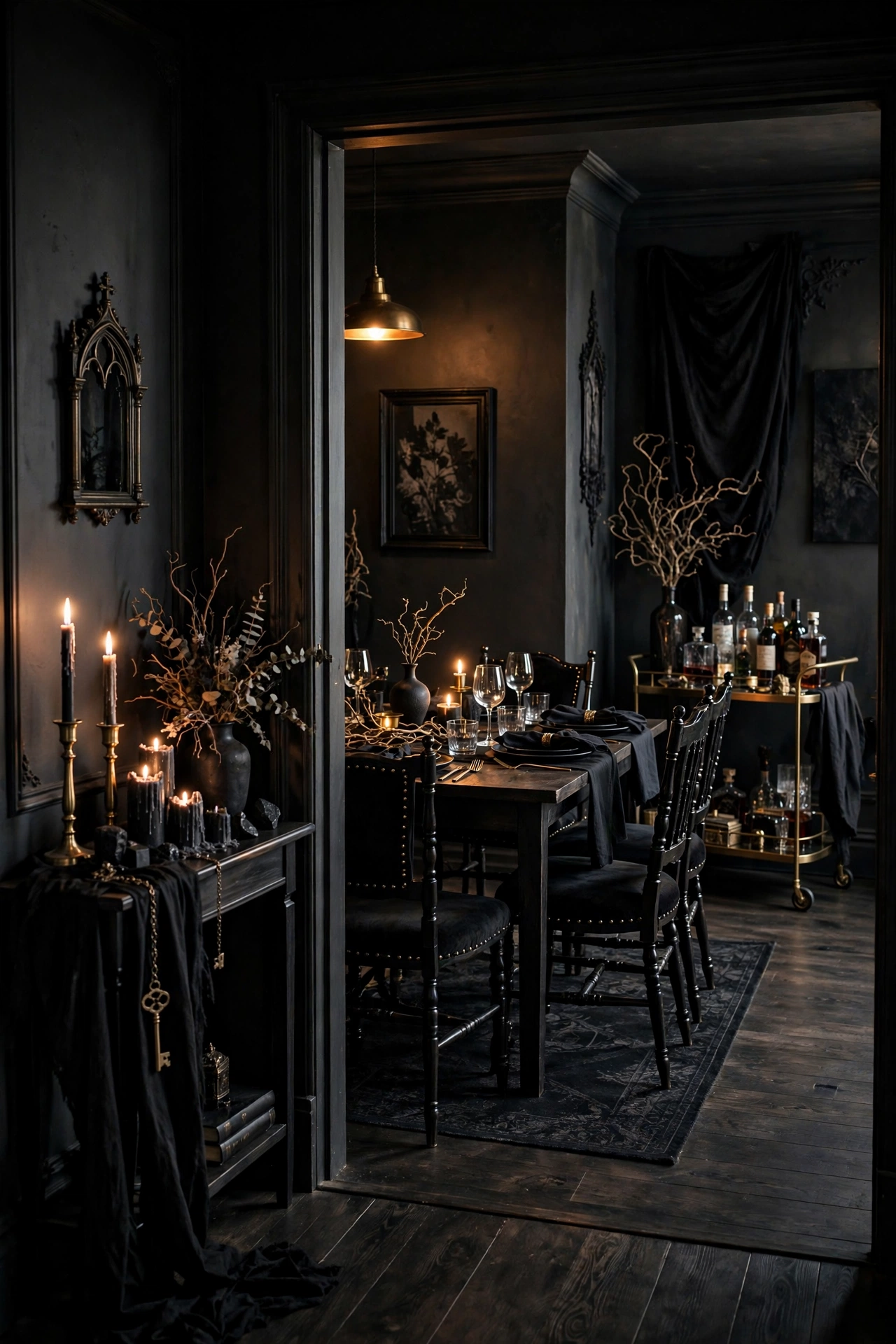 living room with three decor zones for a witch party: entry console, dining table, and potion bar