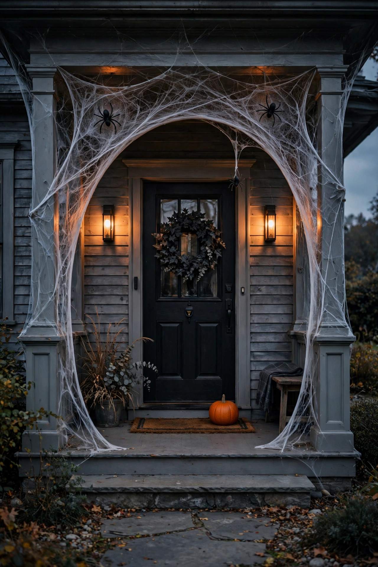 Front door framed by a layered white cobweb archway with three black spiders