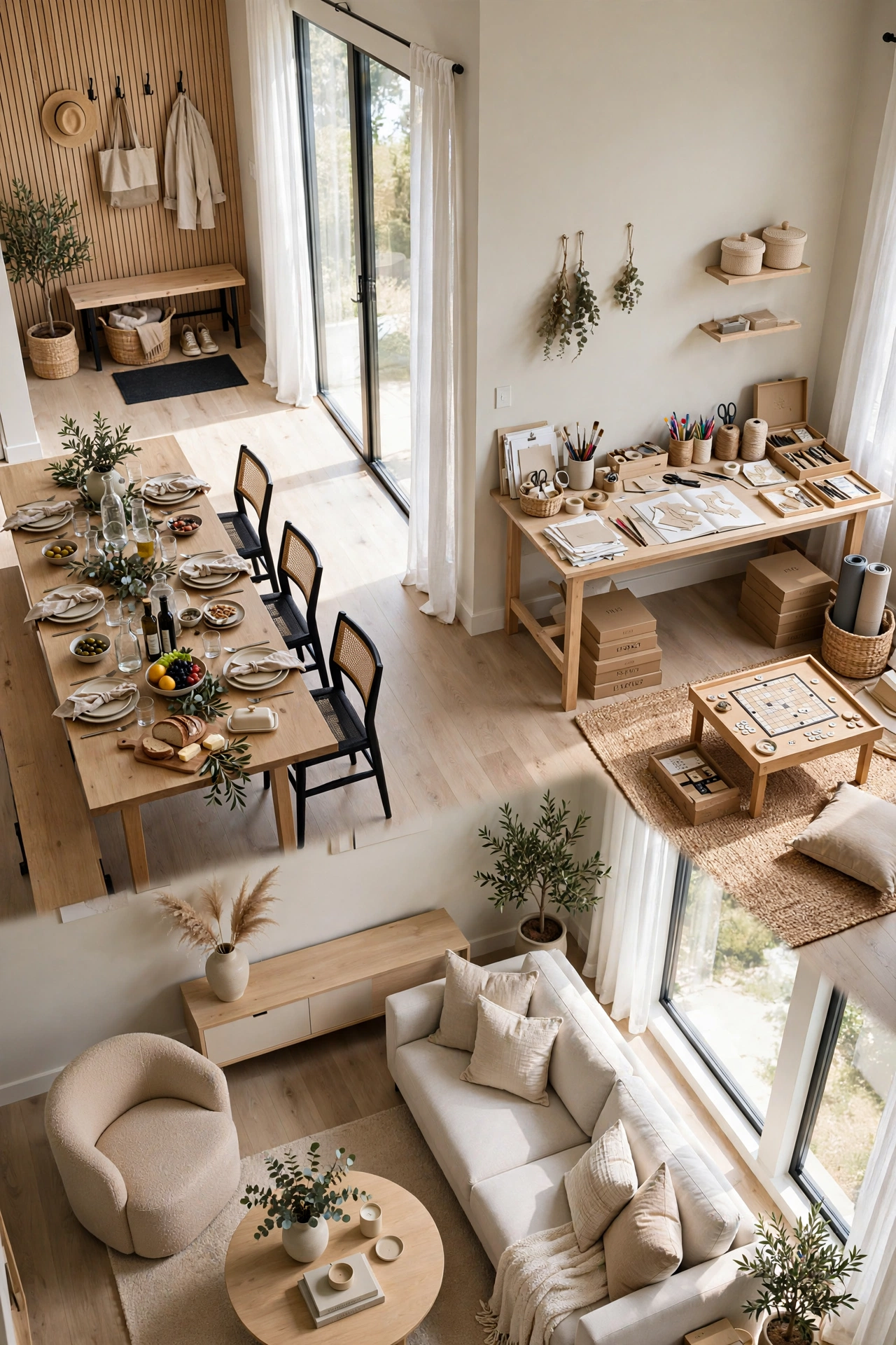 Floating LED taper candles hung at staggered heights above a long dining table