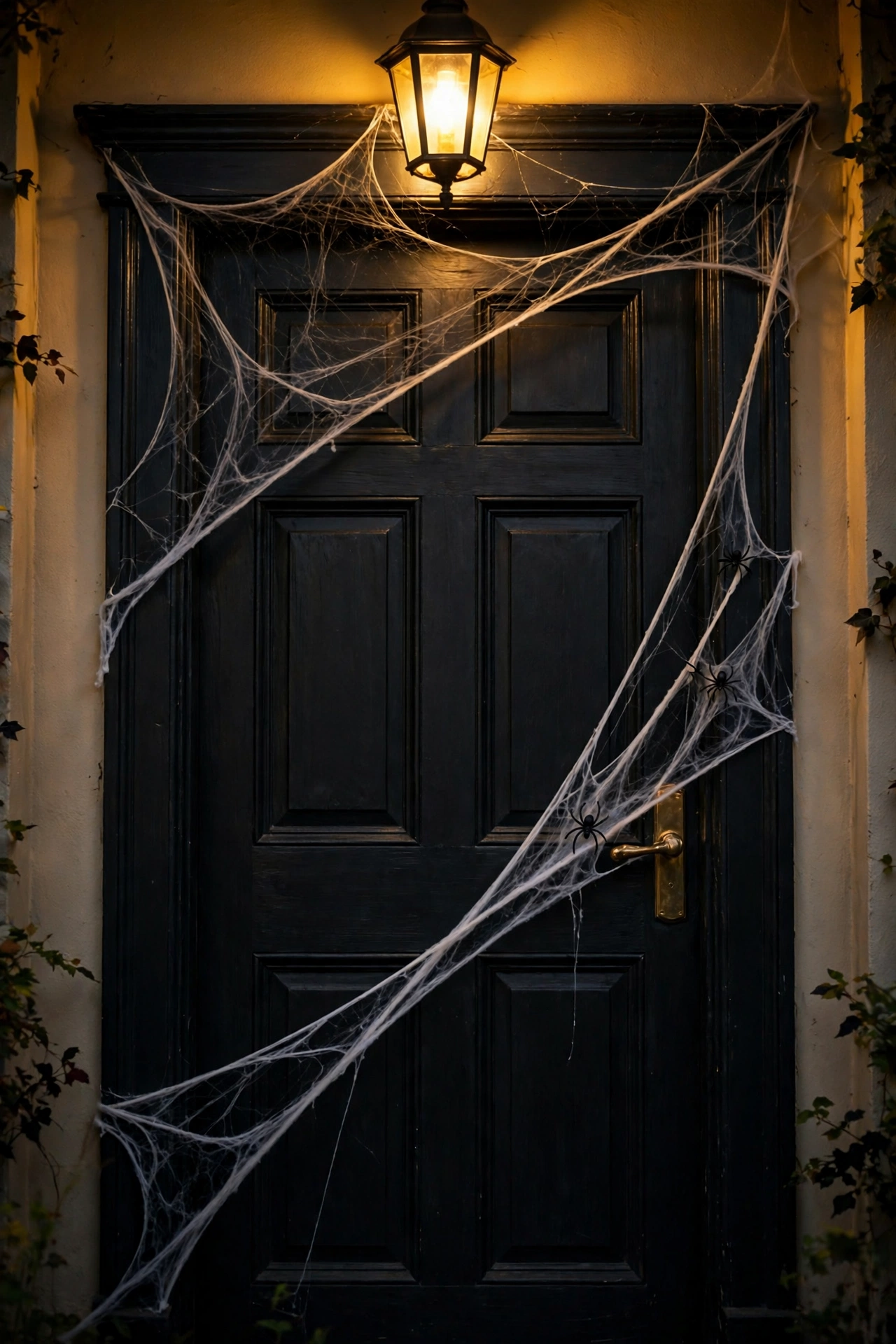 Front door framed with a draped white cobweb canopy and black spiders
