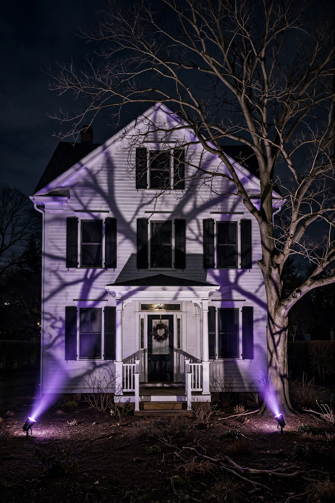 Upward-angled spotlights creating dramatic shadows on a house for Halloween