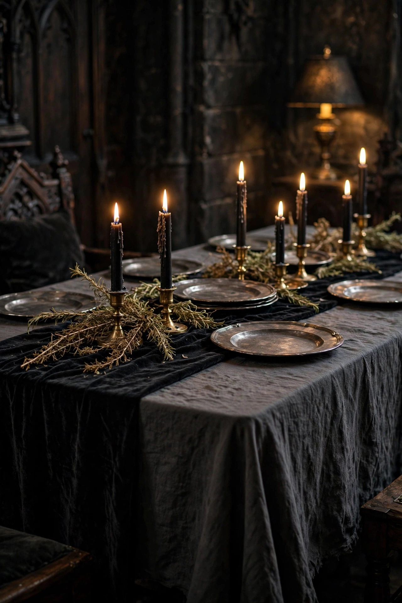 dining table with charcoal tablecloth and black velvet runner set for a witch party