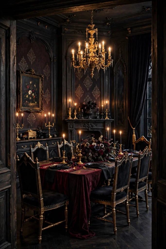 Dining room styled in black, burgundy, and antique gold for a Halloween party