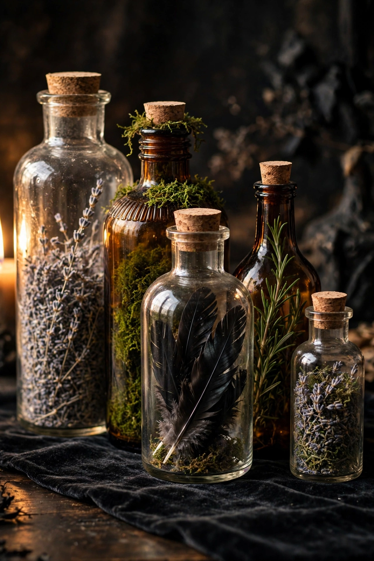 mismatched glass apothecary jars filled with dried herbs as a witch party centerpiece