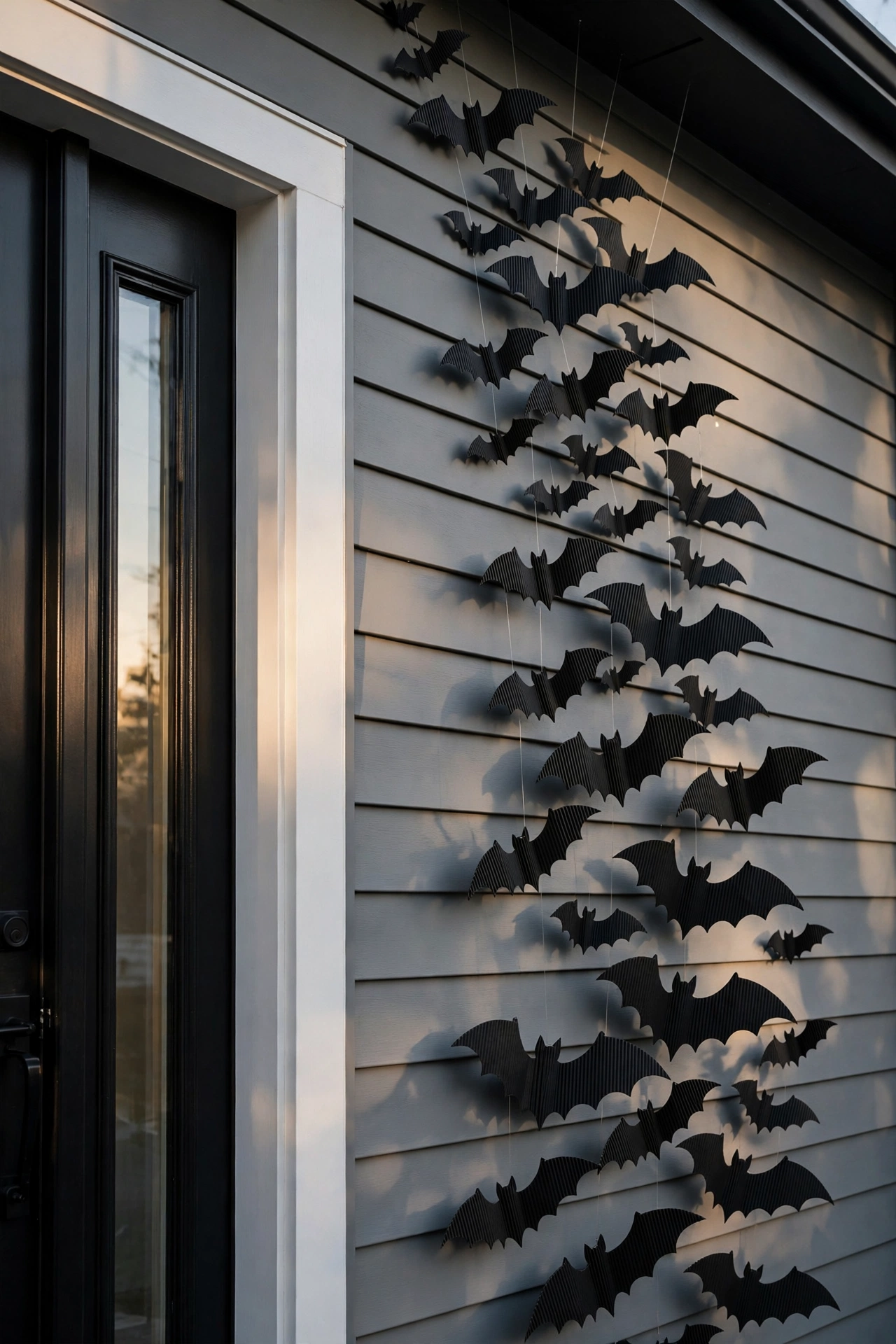 Black bat silhouettes in three sizes rising diagonally up a gray exterior wall