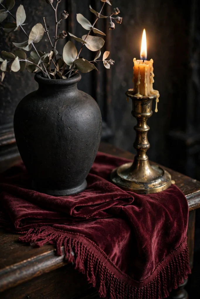 Close-up of matte black ceramic, brass, and burgundy velvet on a console table