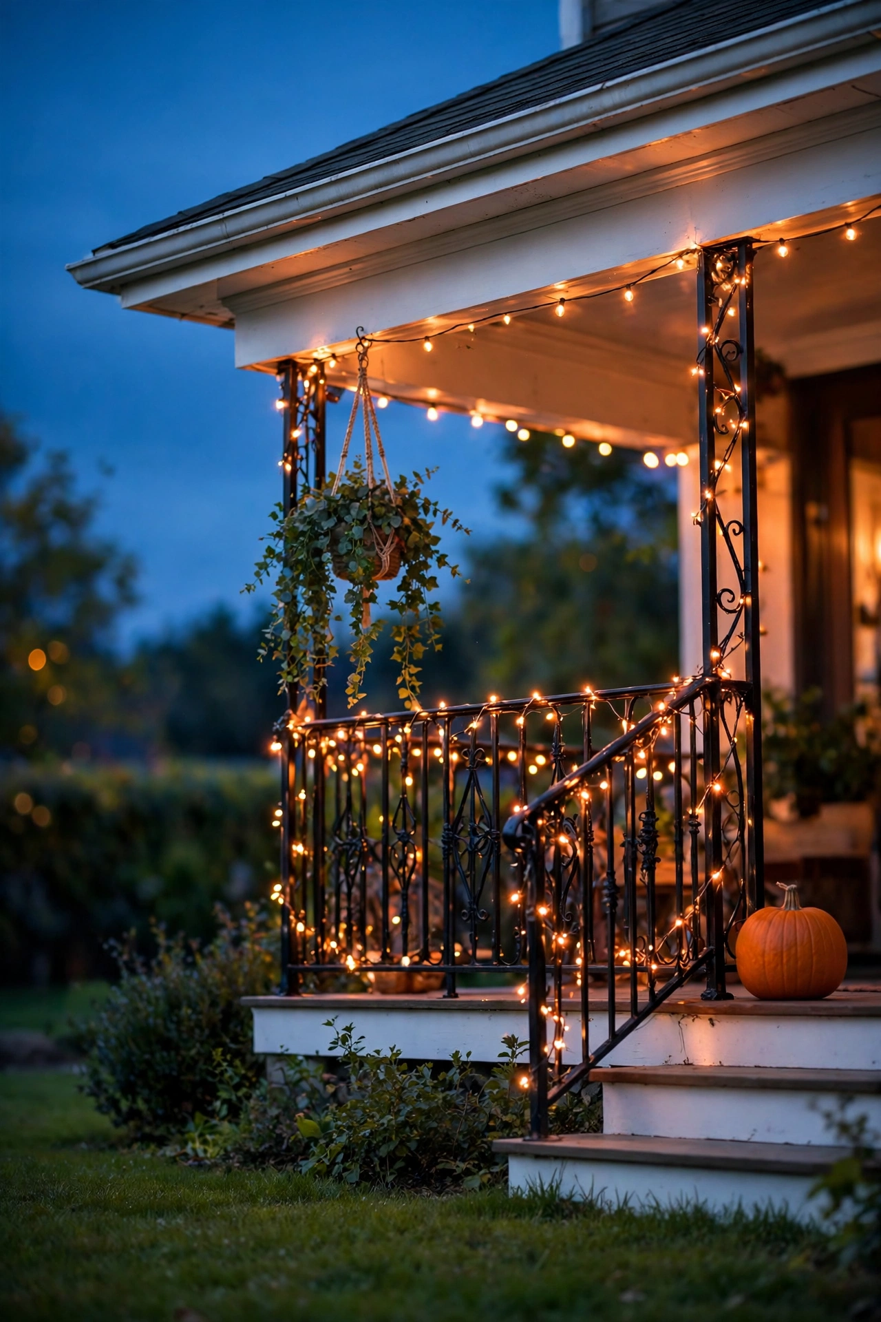 Orange string lights outlining a porch roofline and railing
