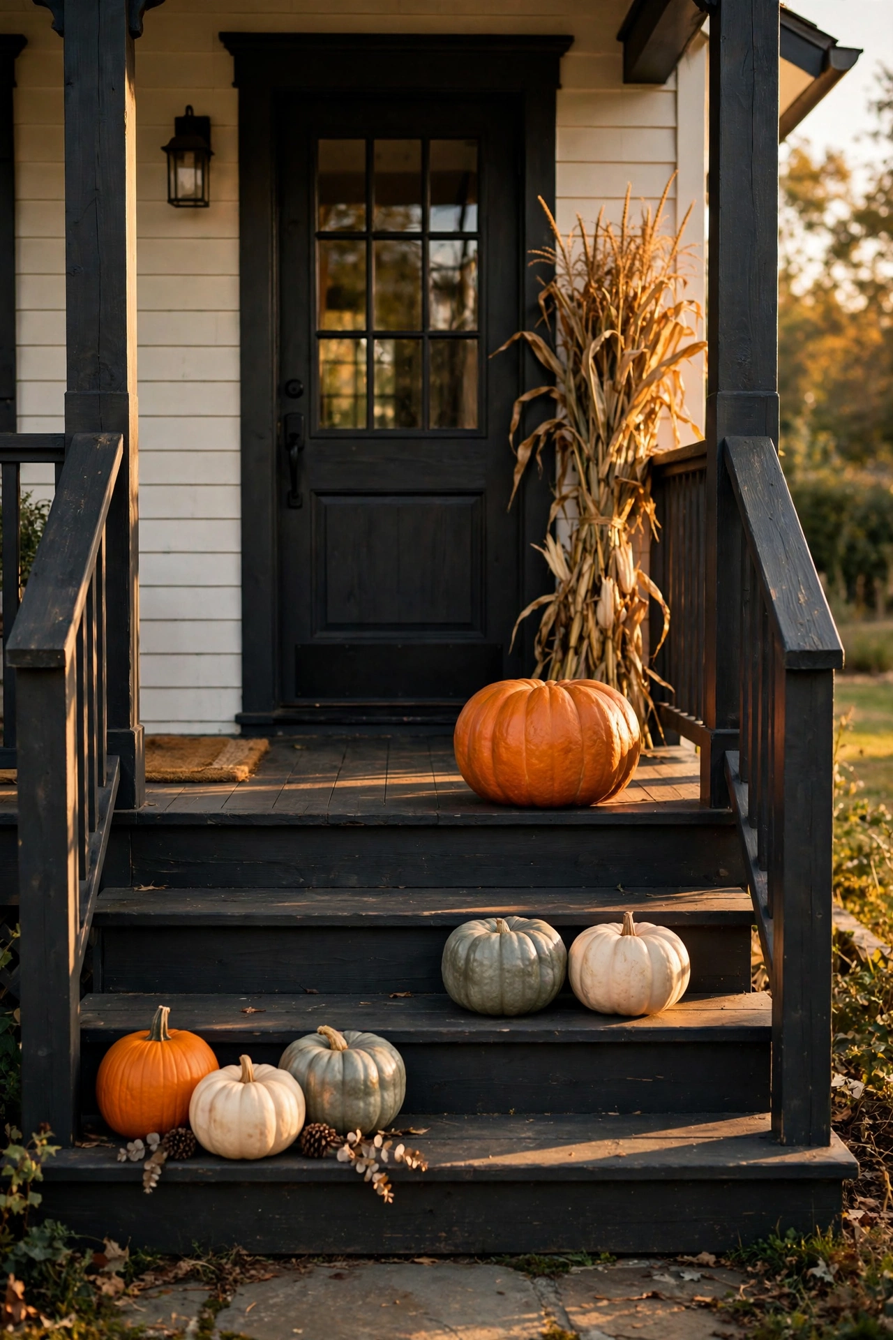 Porch steps with staggered pumpkin clusters and cornstalks