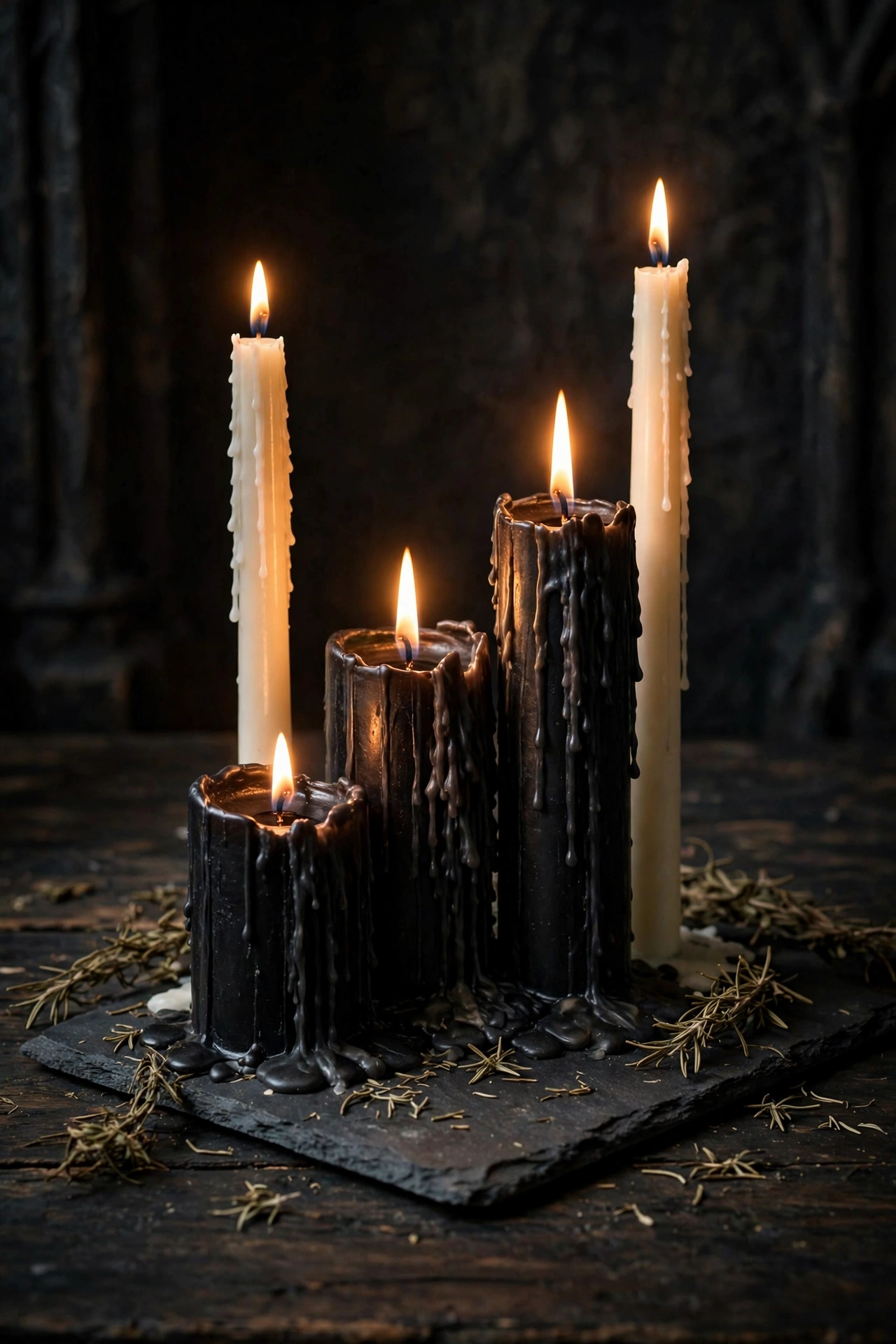 cluster of five candles of varied heights on a slate tile for a witch party table