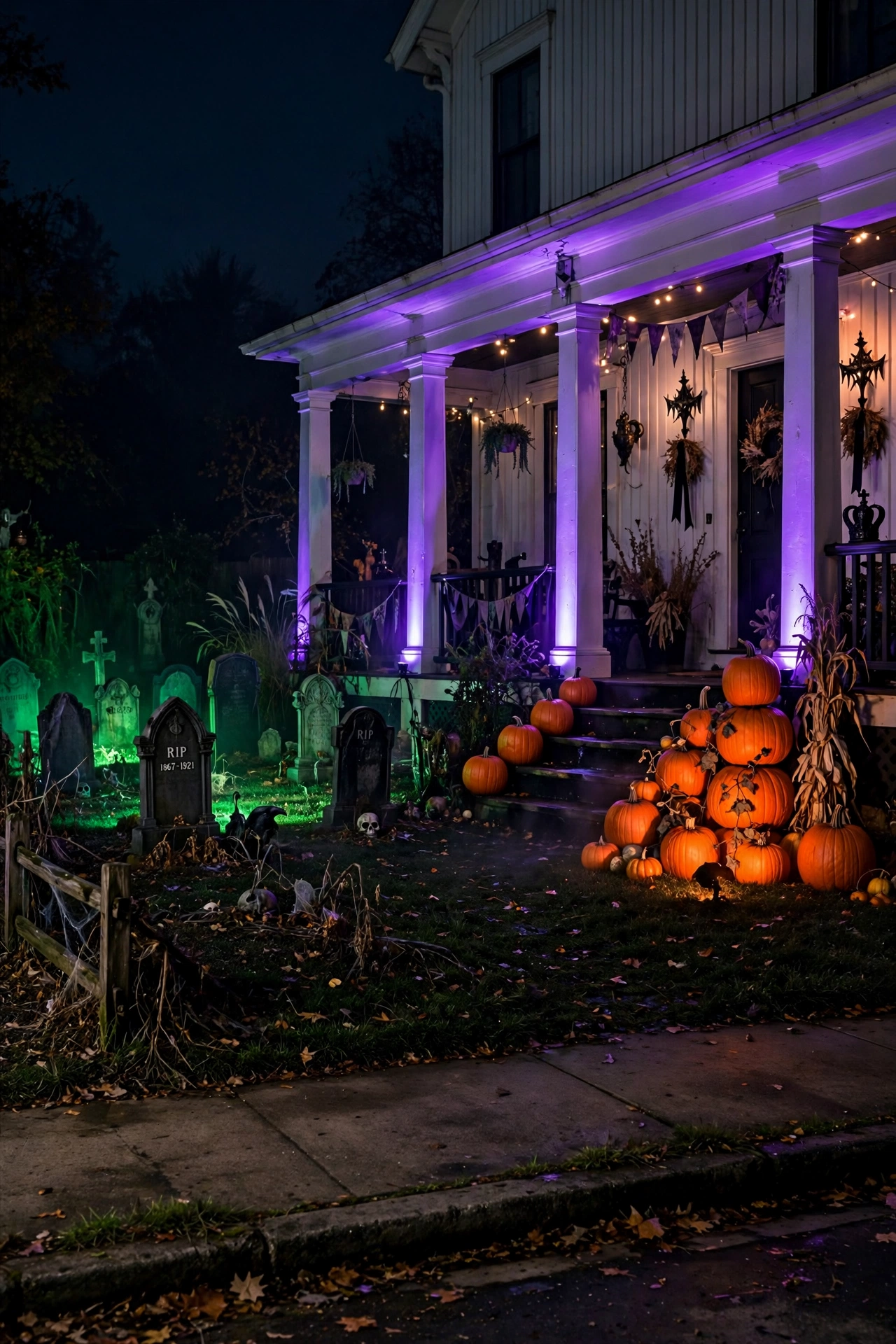 Yard lit in separate purple, green, and orange Halloween zones
