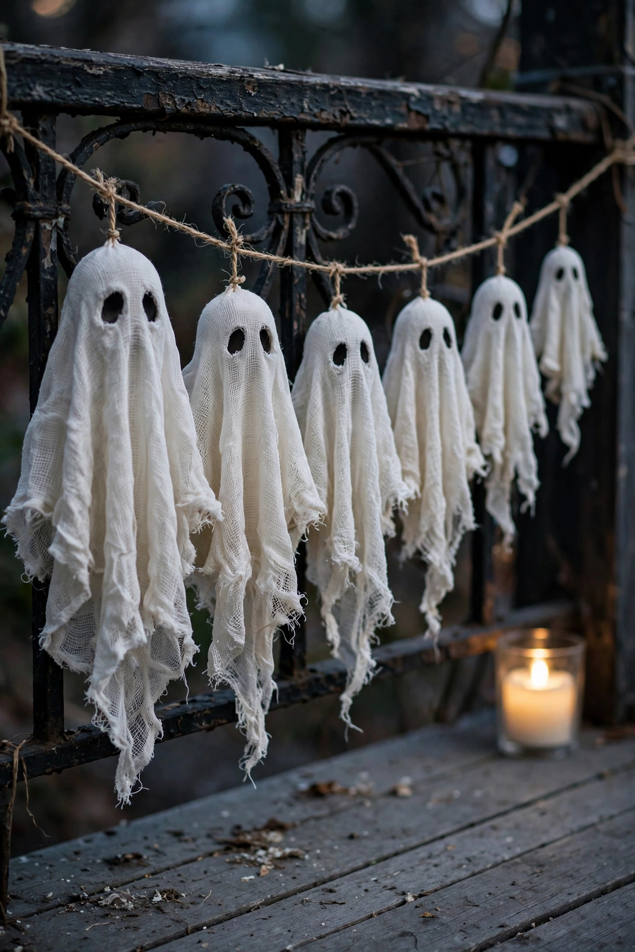 Stiffened cheesecloth ghost garland in graduated sizes hanging from a black porch railing