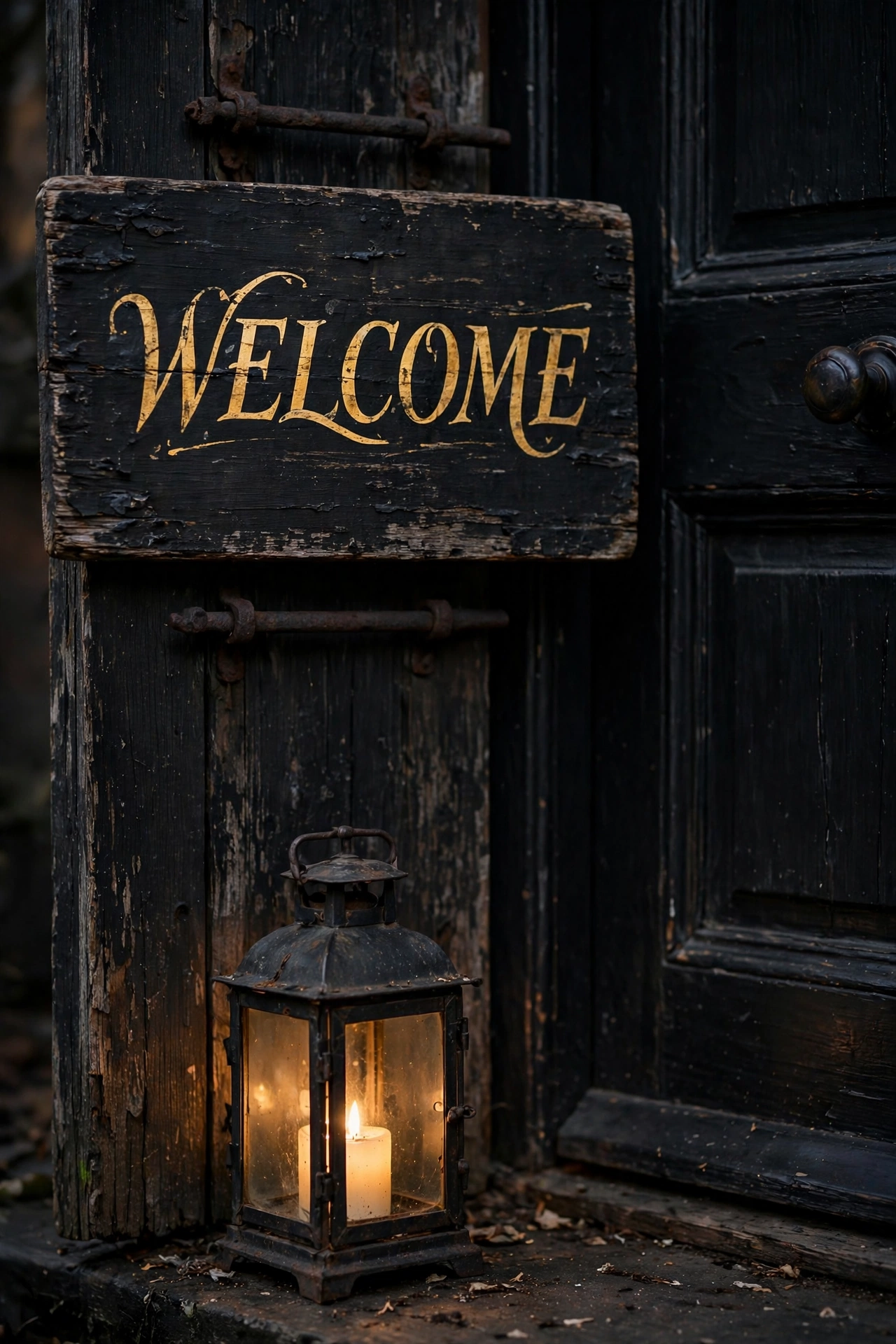 Black wood welcome sign with gold lettering beside a front door and lantern
