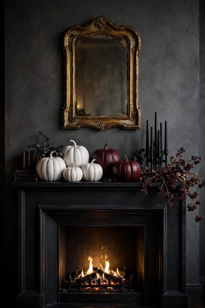 Bone white and burgundy pumpkins on a dark mantel with black tapers