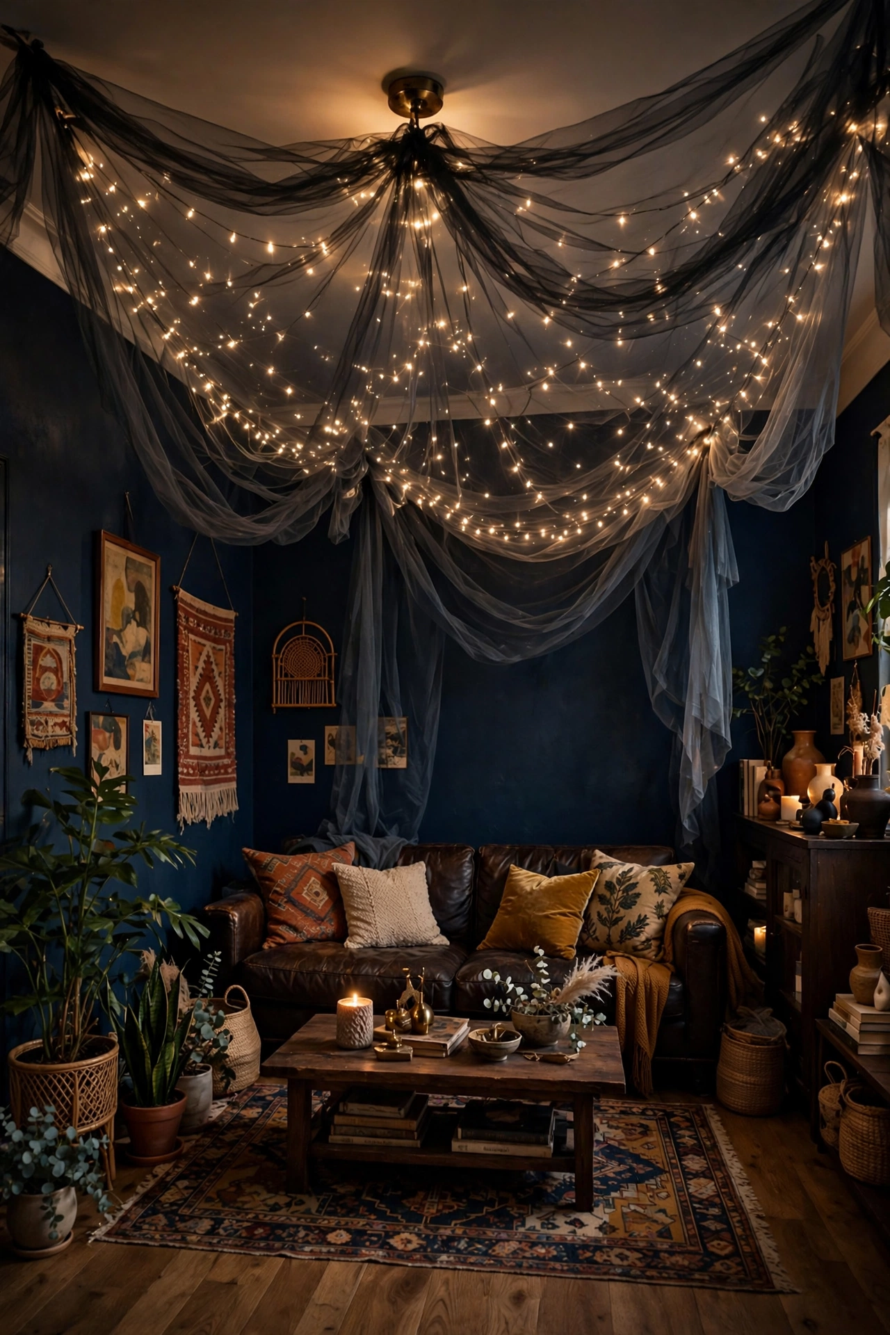 Dining room lit with warm amber bulbs and table lamps for a candlelit effect