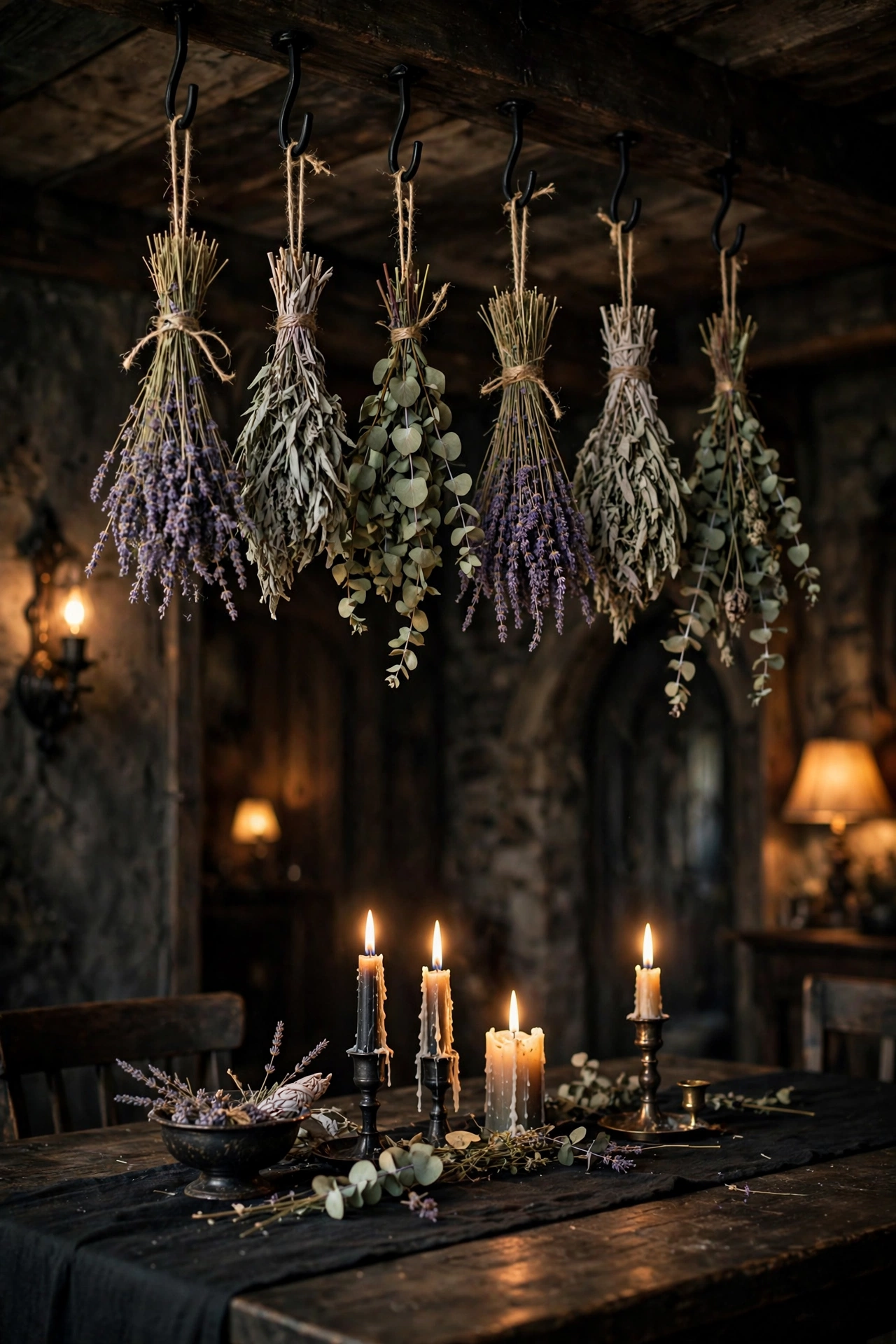 dried herb bundles hanging above a witch party dining table