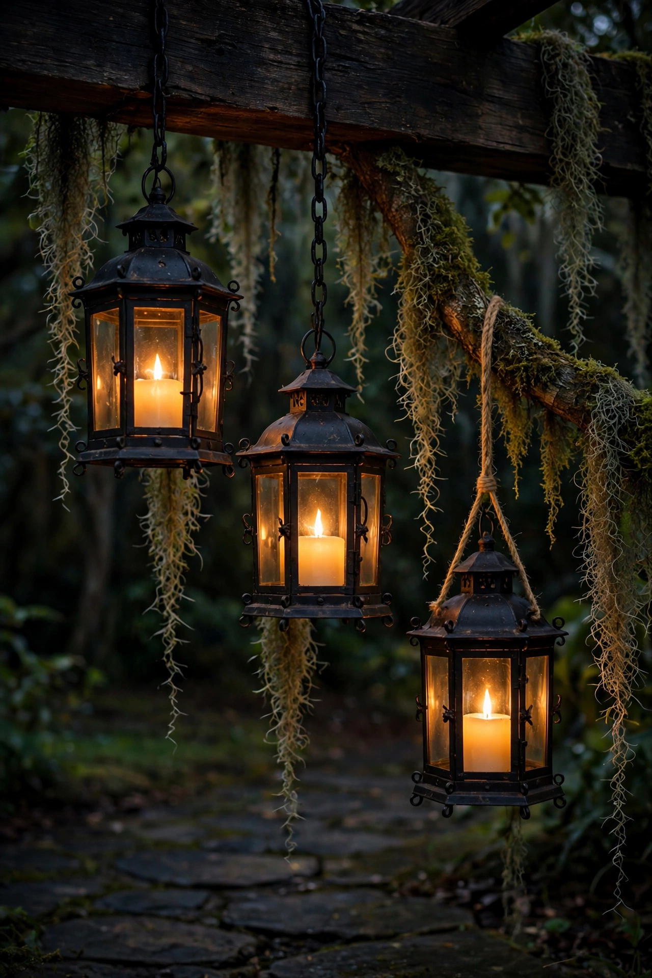 Flickering lanterns hanging at three different heights on a porch