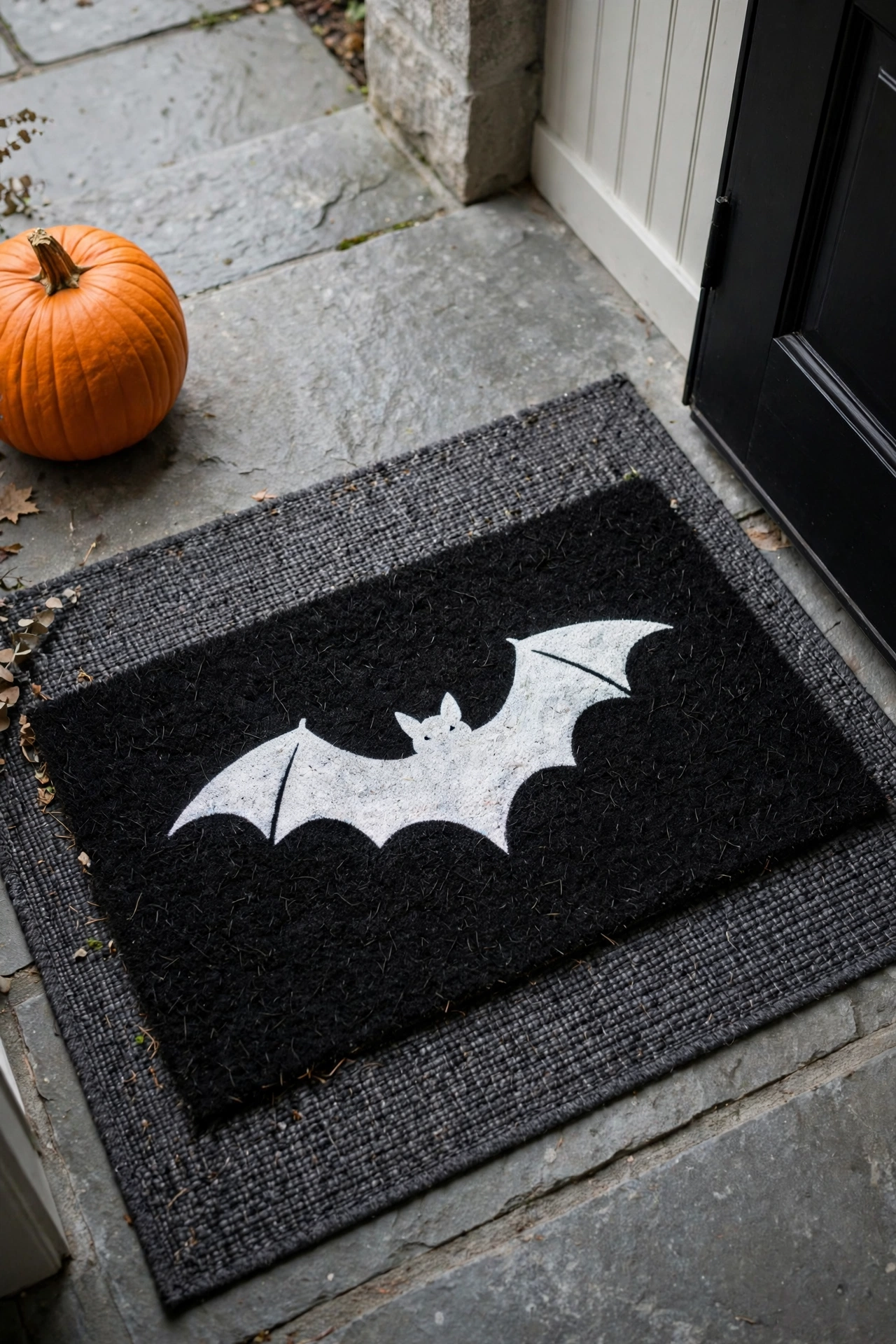 Layered black Halloween doormat with white bat silhouette at the front door