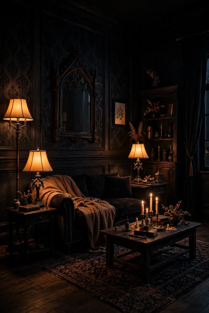 Living room lit by warm amber table lamps with shadowed corners for a Halloween party