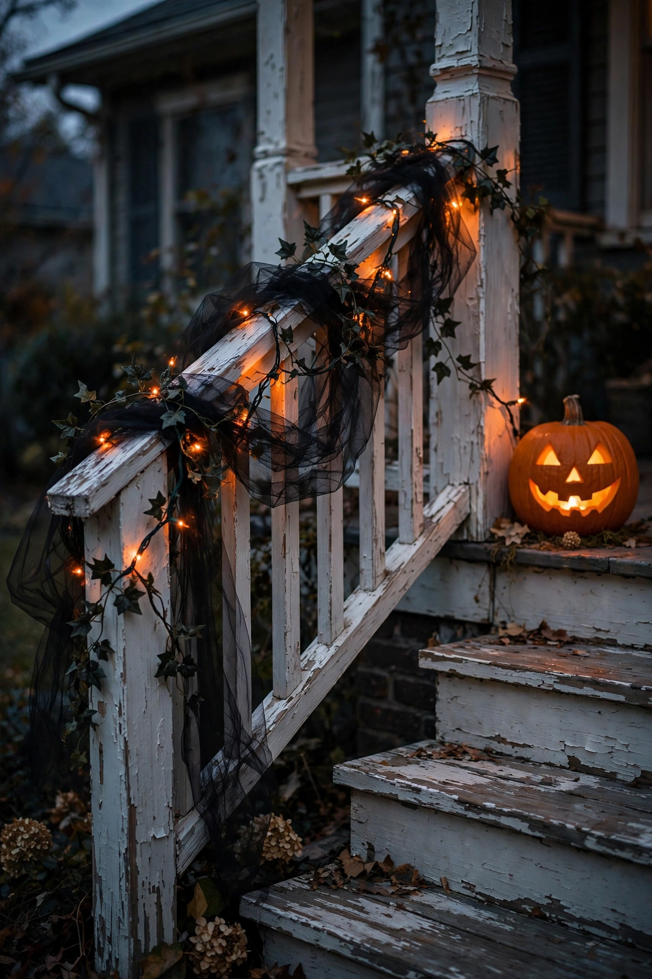 Porch railing wrapped in black tulle, faux ivy, and orange fairy lights