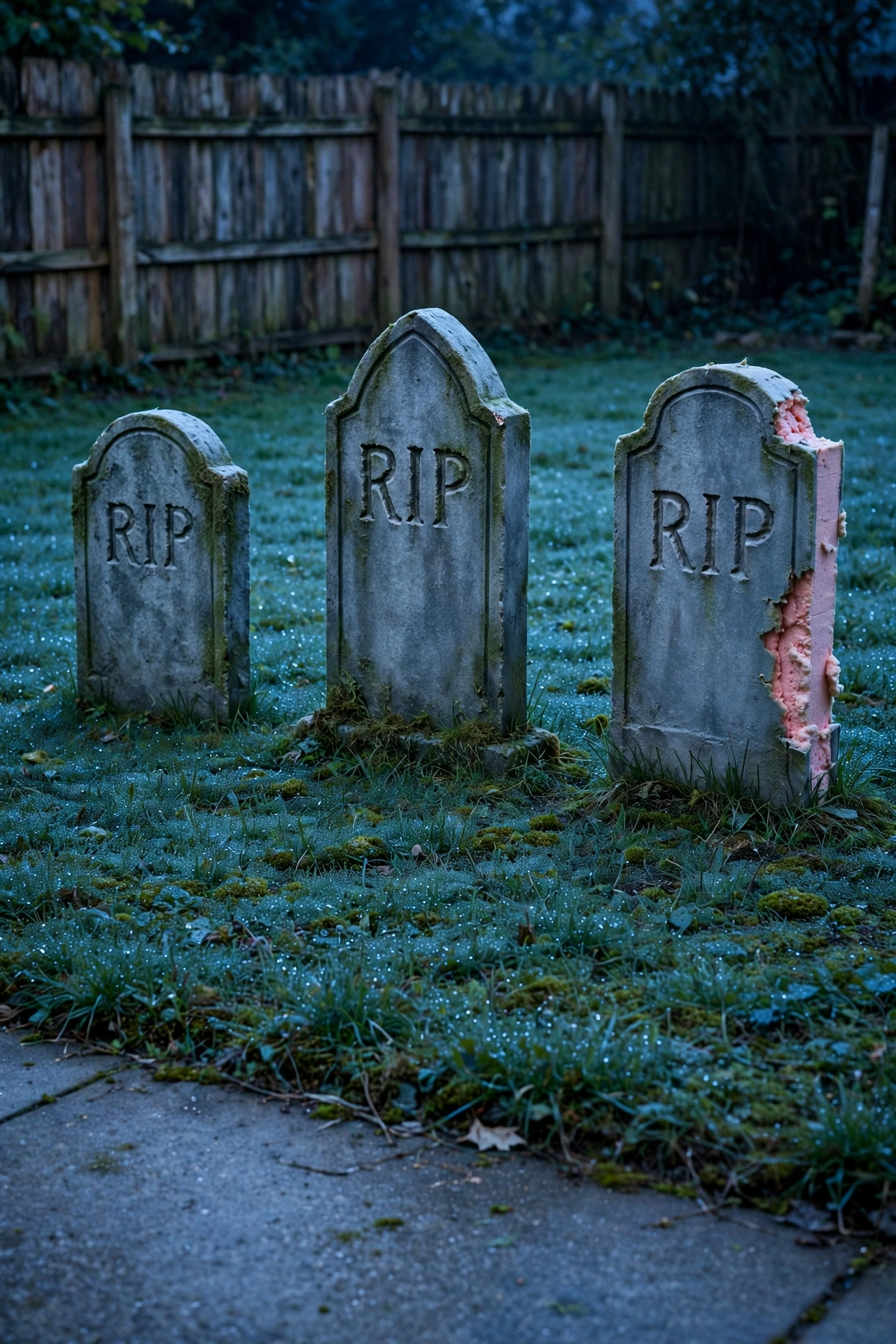 Three painted foam tombstones in graduated heights on a dewy lawn at twilight