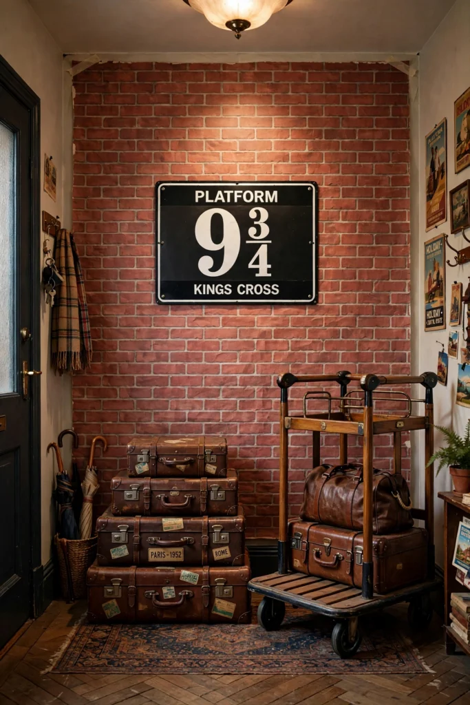 Platform 9¾ brick wall backdrop with vintage suitcases in a home entryway