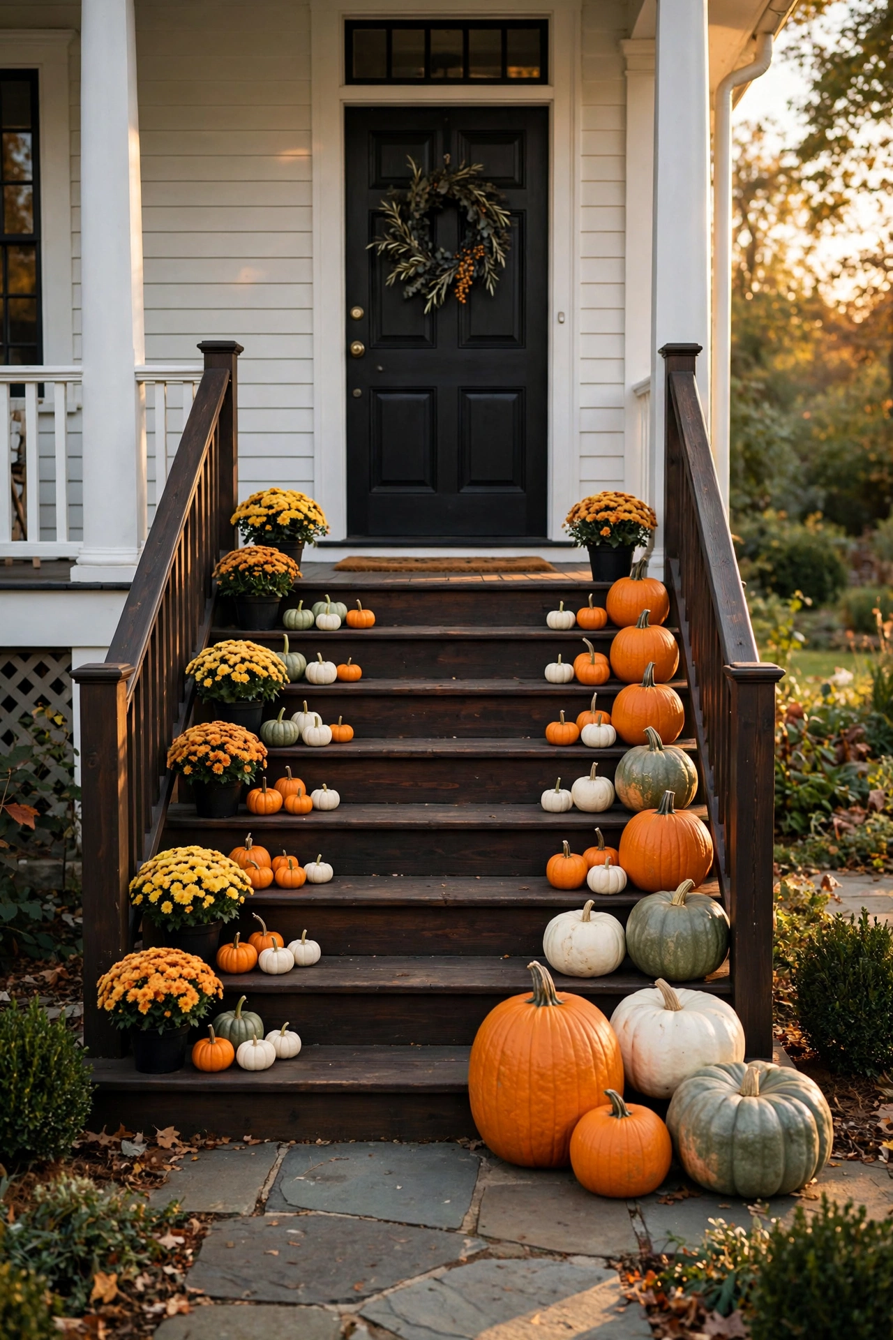 Pumpkins arranged in descending sizes up porch steps